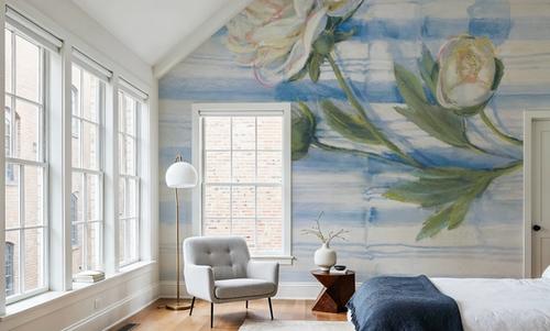 Peony on Blue Stripe
