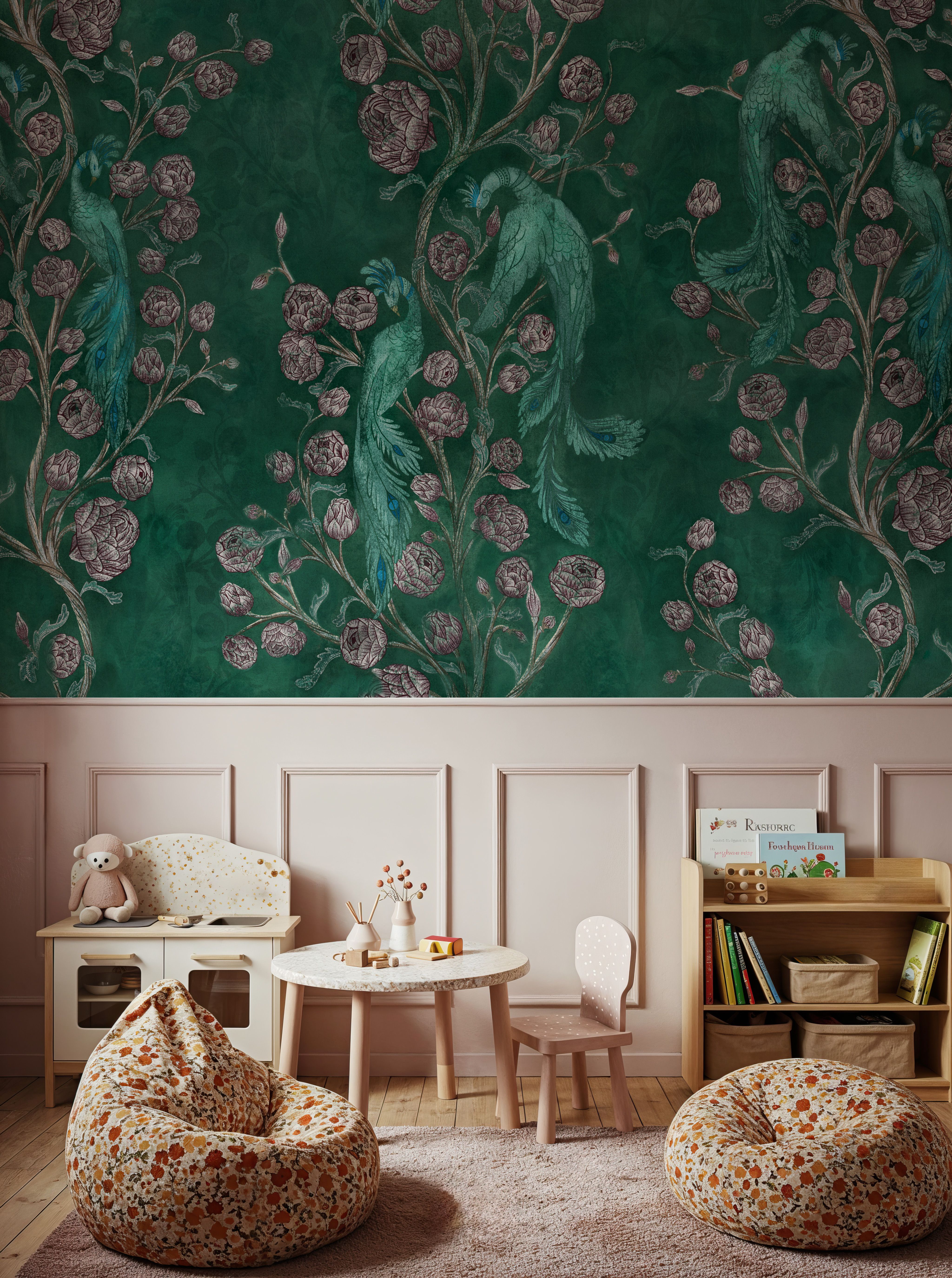 Peacock and Peony Chinoiserie Bottle Green