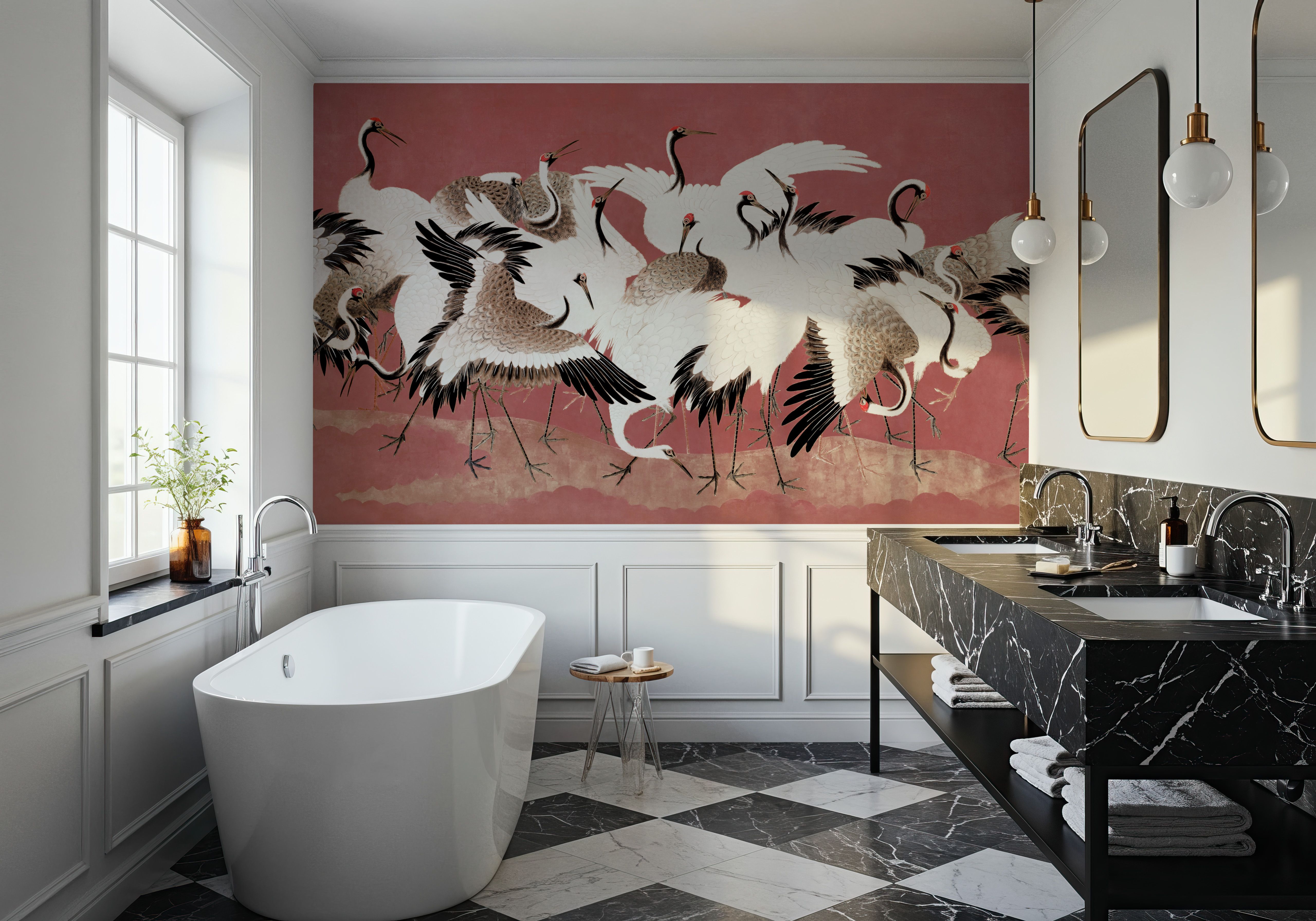 Japanese Flock of Cranes, Coral Blush