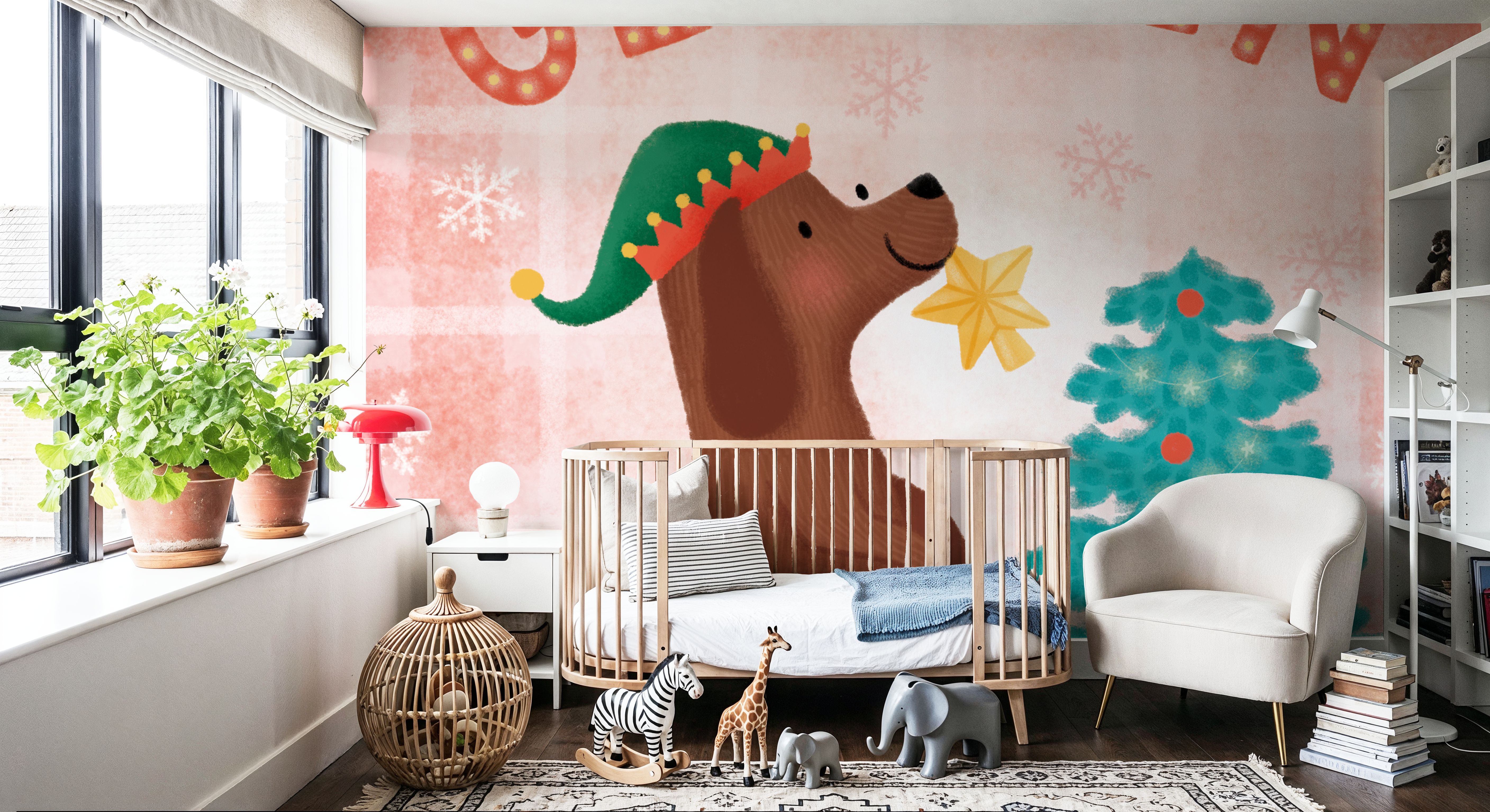 Wall Mural - Festive Paws I - Holiday Animals mural wallpaper - Pink - Kids' Room - Wallism US - Premium, Textured or Peel & Stick