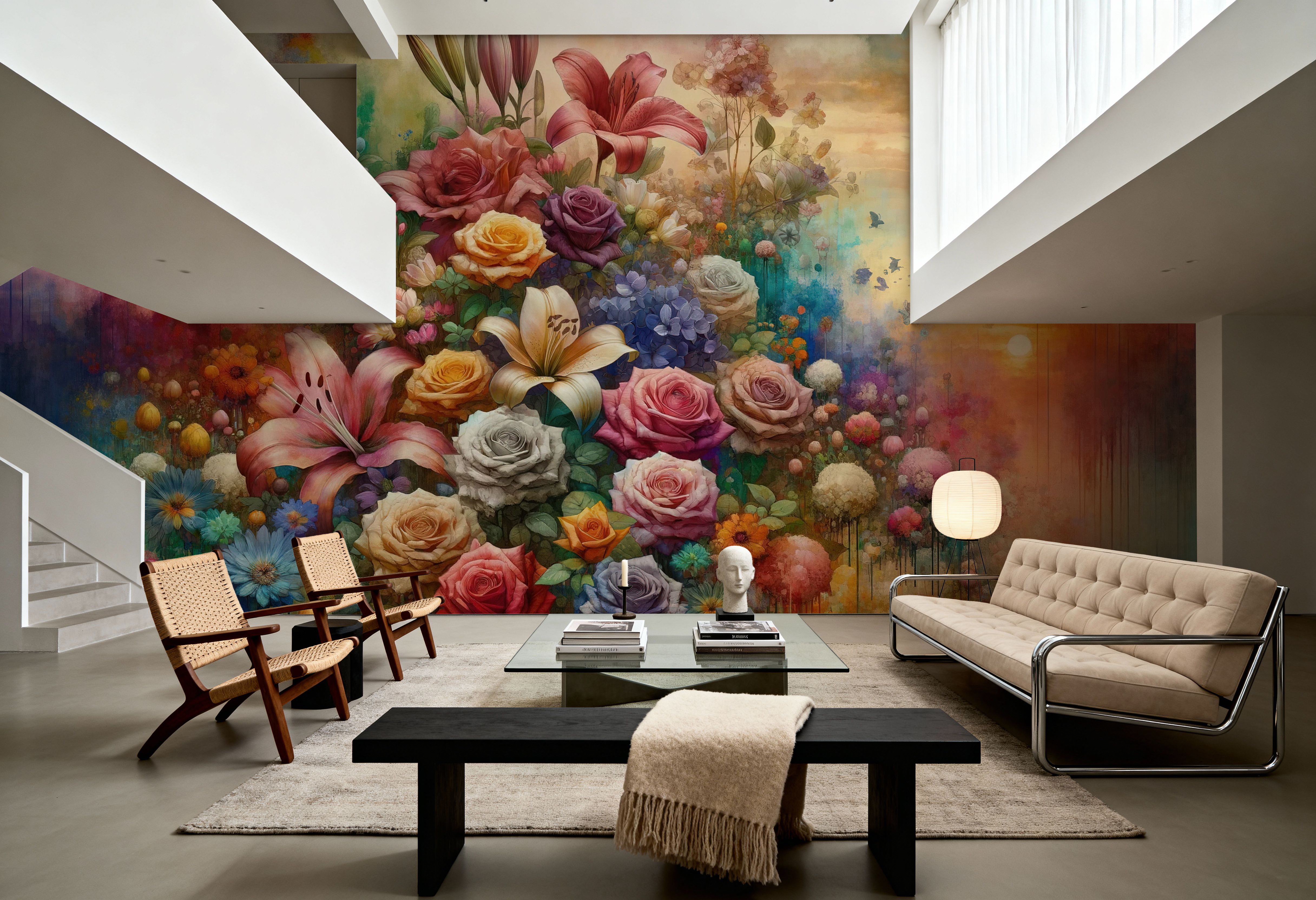 Watercolor Exuberant Garden At Sunse