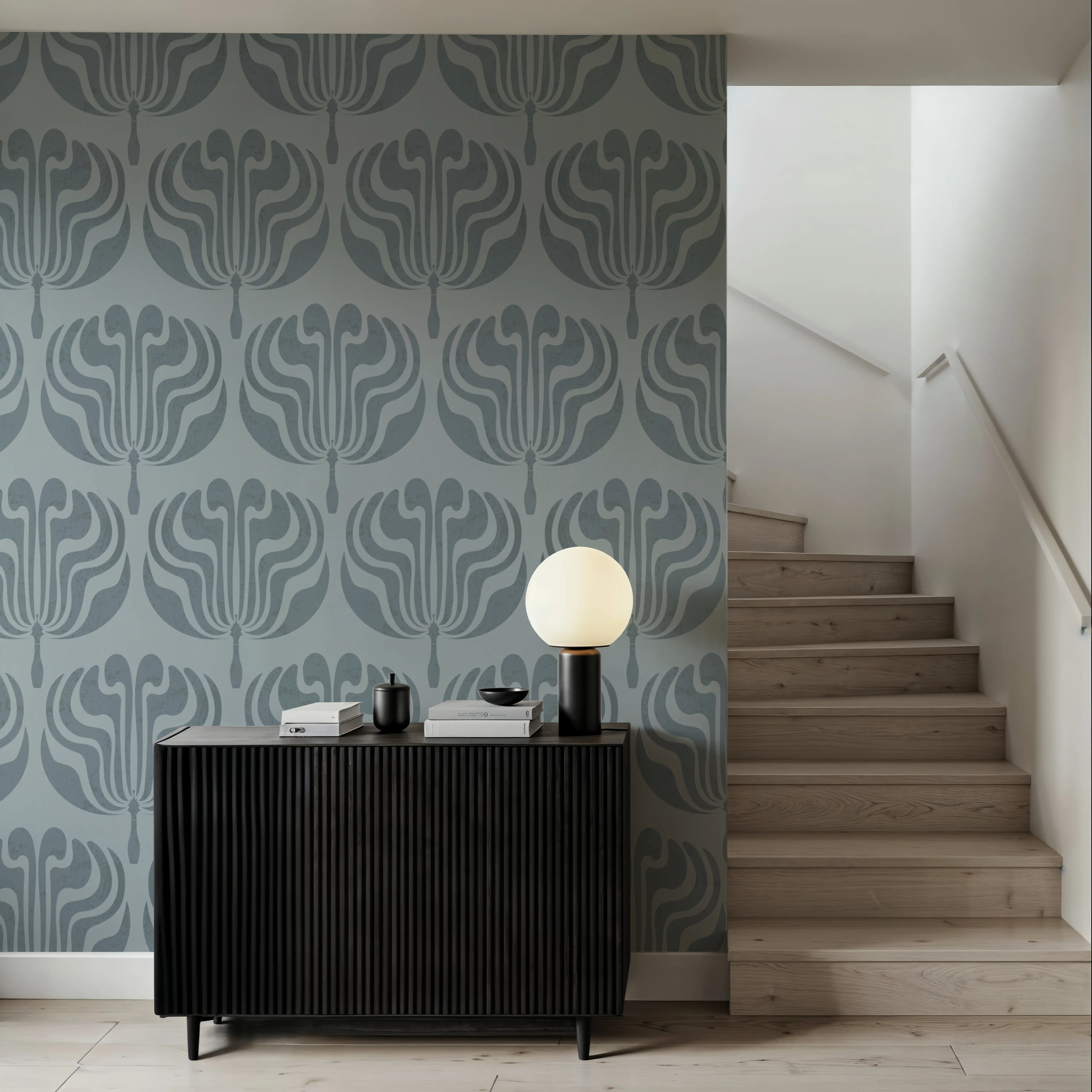 Wallpaper - Fan Damask Hint of Green - Graphics Lines - Blue - Living room - Wallism UK - Peel & Stick or Paste-the-Wall
