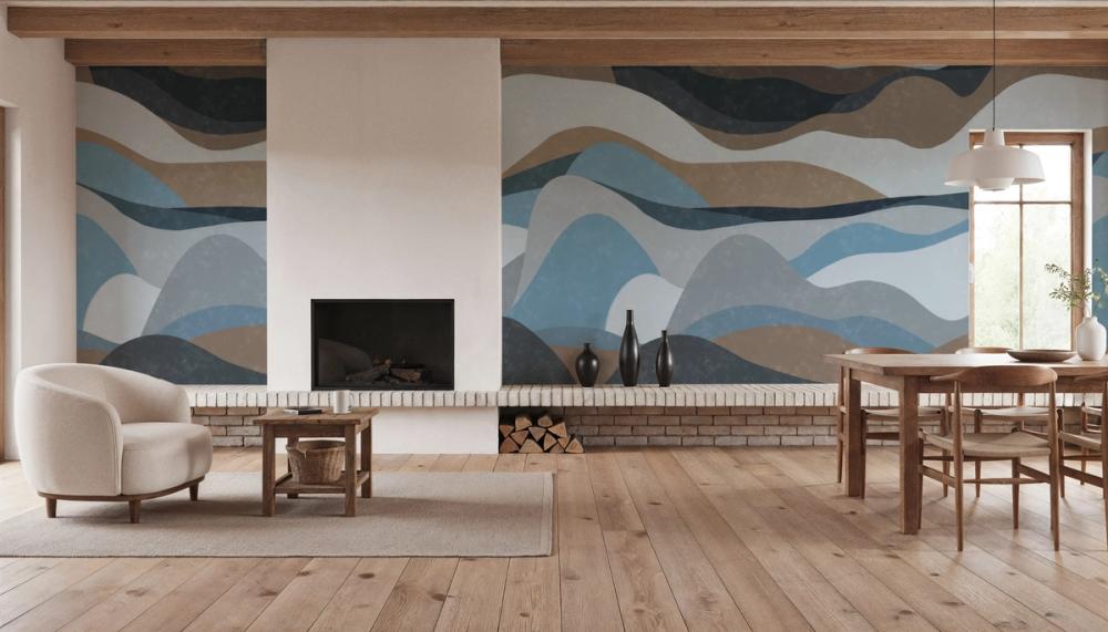a photo of a cabin living room with a abstract wallpaper in blue and beige filds on the walls. the style is scandinavian