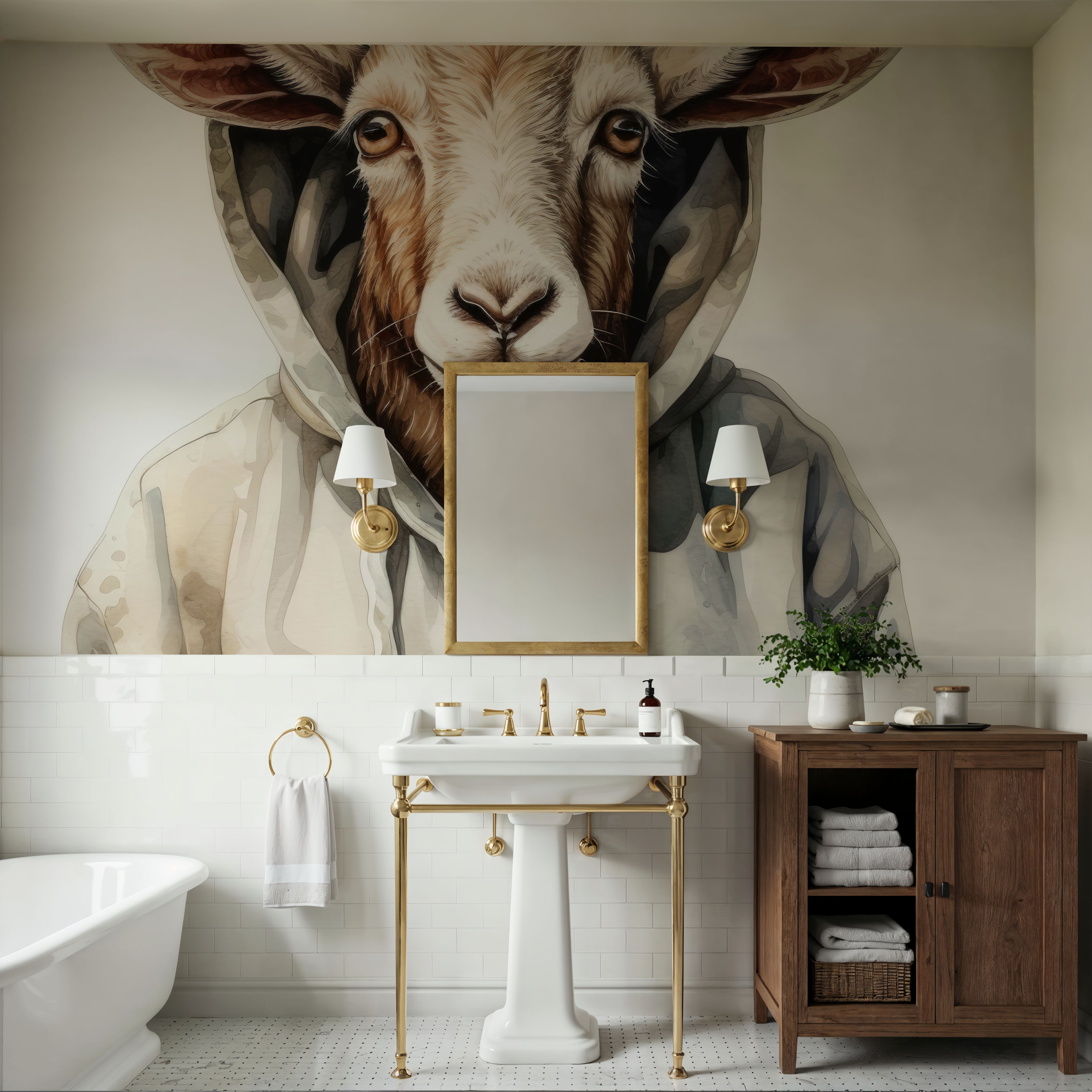 Watercolor Cartoon Goat in a Hoodie