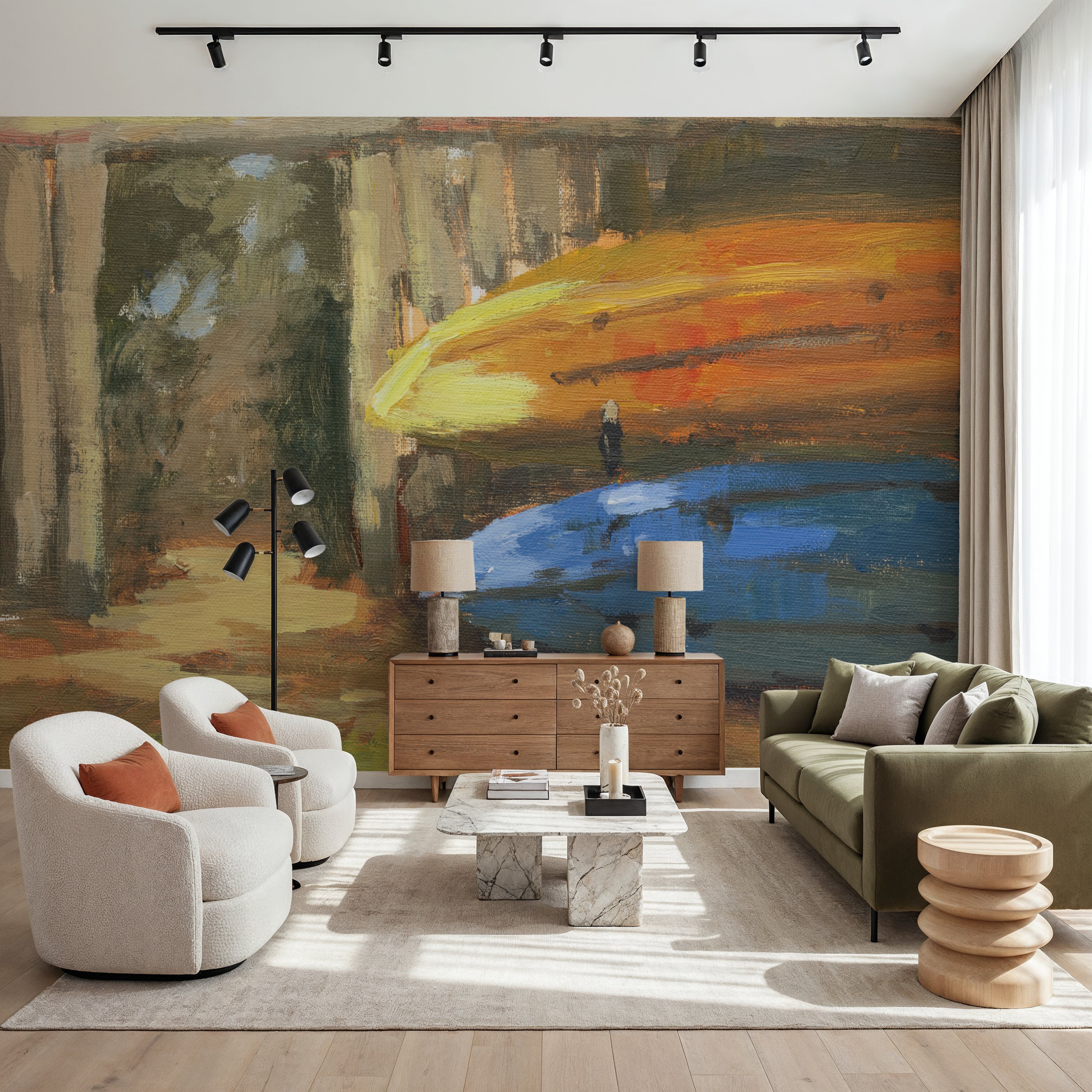 Wall Mural - Kayaks Ready - Contemporary mural wallpaper - Brown - Offices - Wallism US - Premium, Textured or Peel & Stick