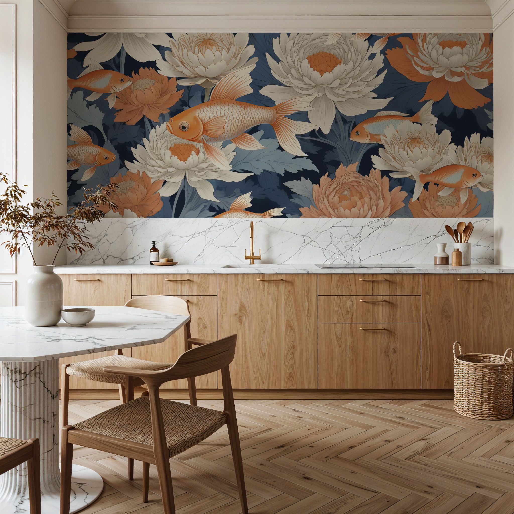 Dancing Fish, Orange on Blue