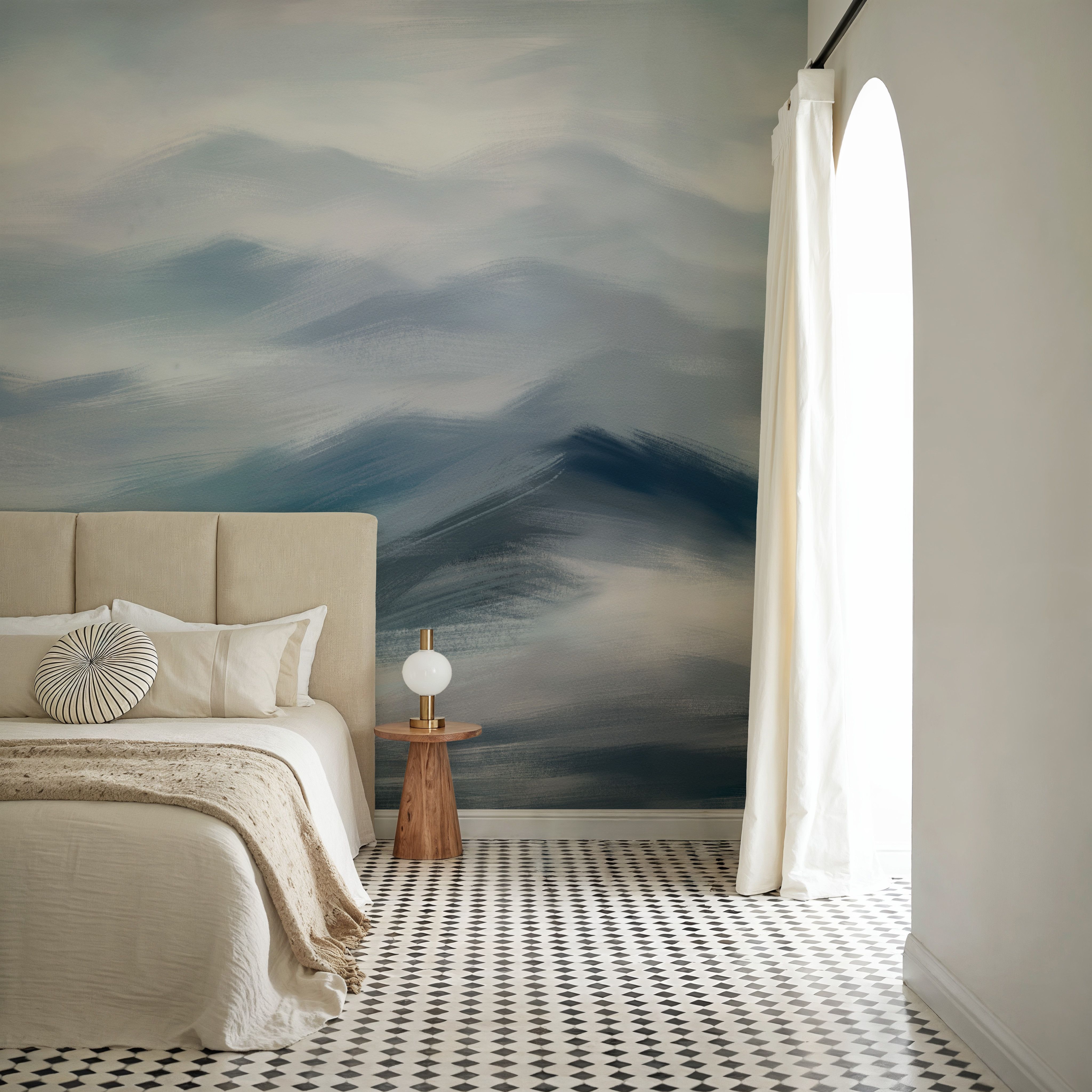 Foggy Mountains, Denim, Wallpaper