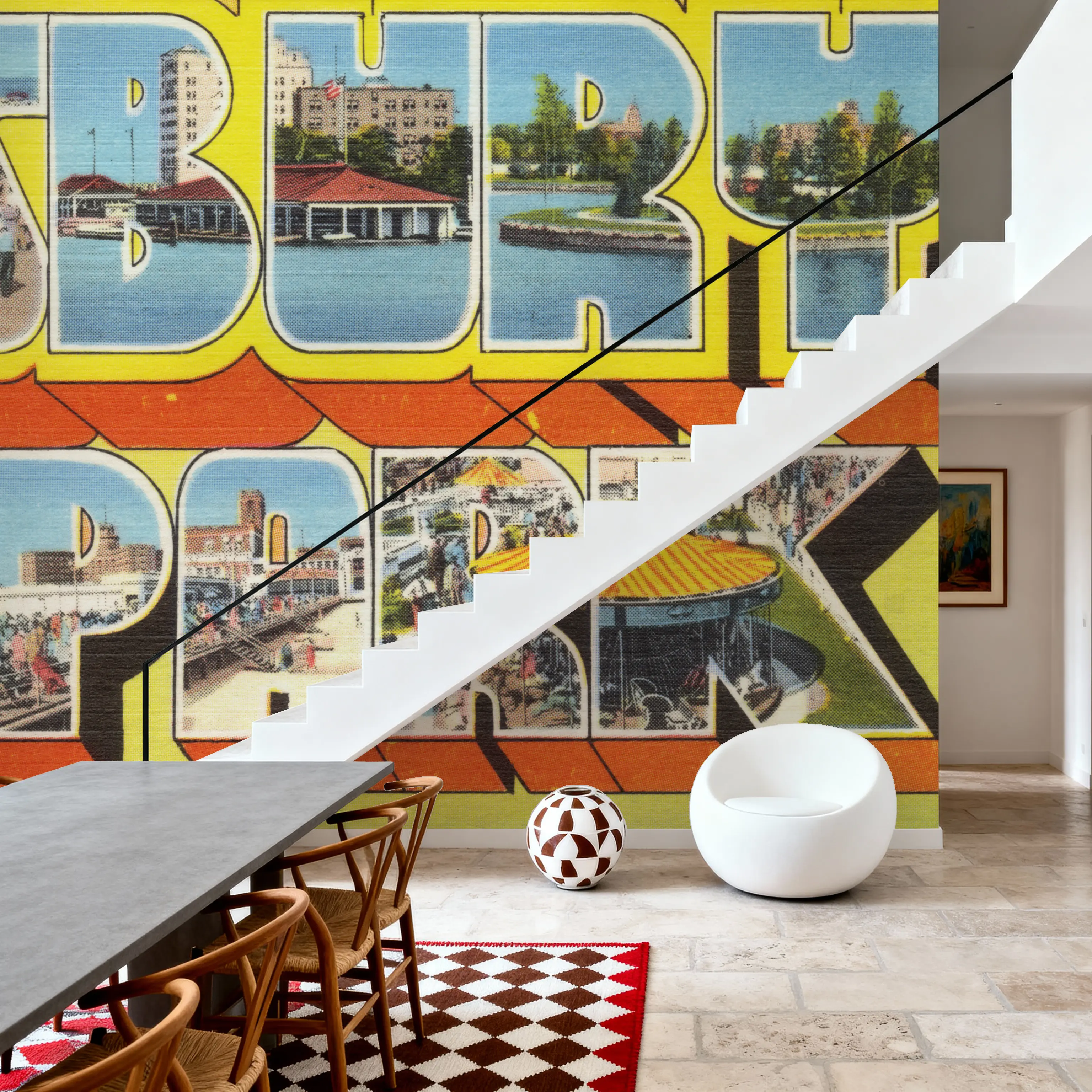 Wall Mural - Greetings from Asbury Park NJ. - Screenprint Postcard - Holiday Travel & Landmarks mural wallpaper - Orange - Dining Room - Wallism UK