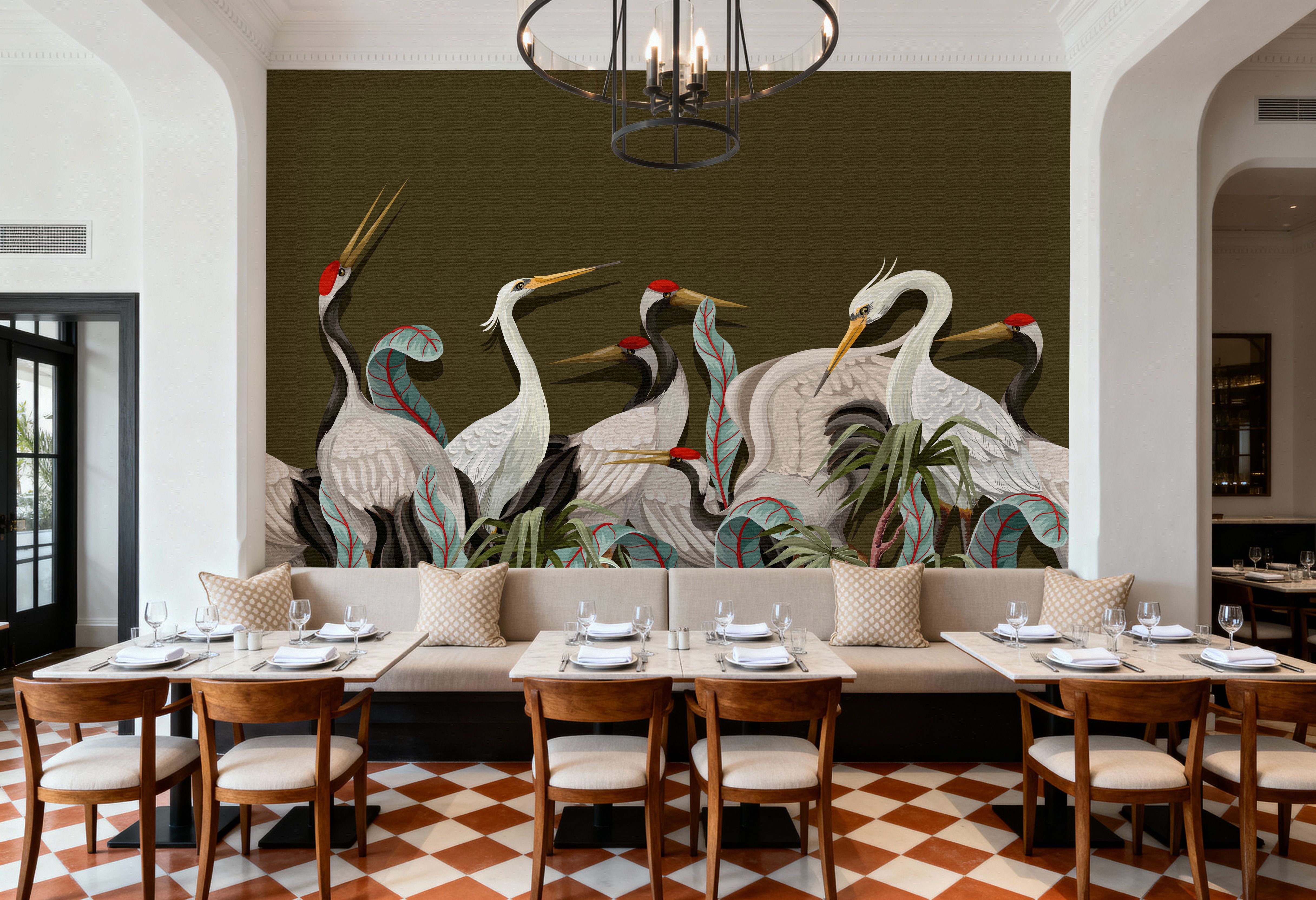 Olive Cranes on Paper, Wallpaper