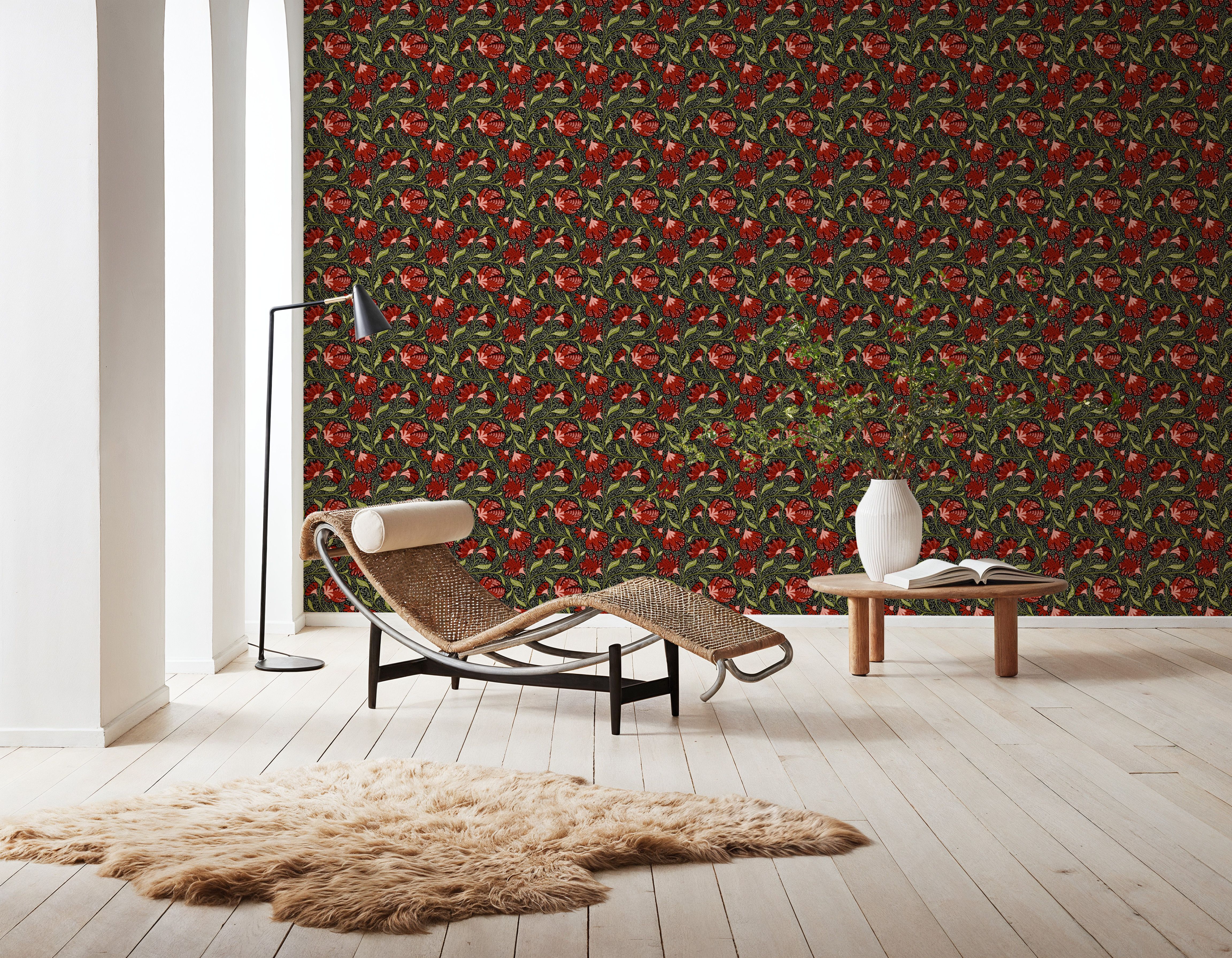 Indial Floral, Vermilion on Midnight