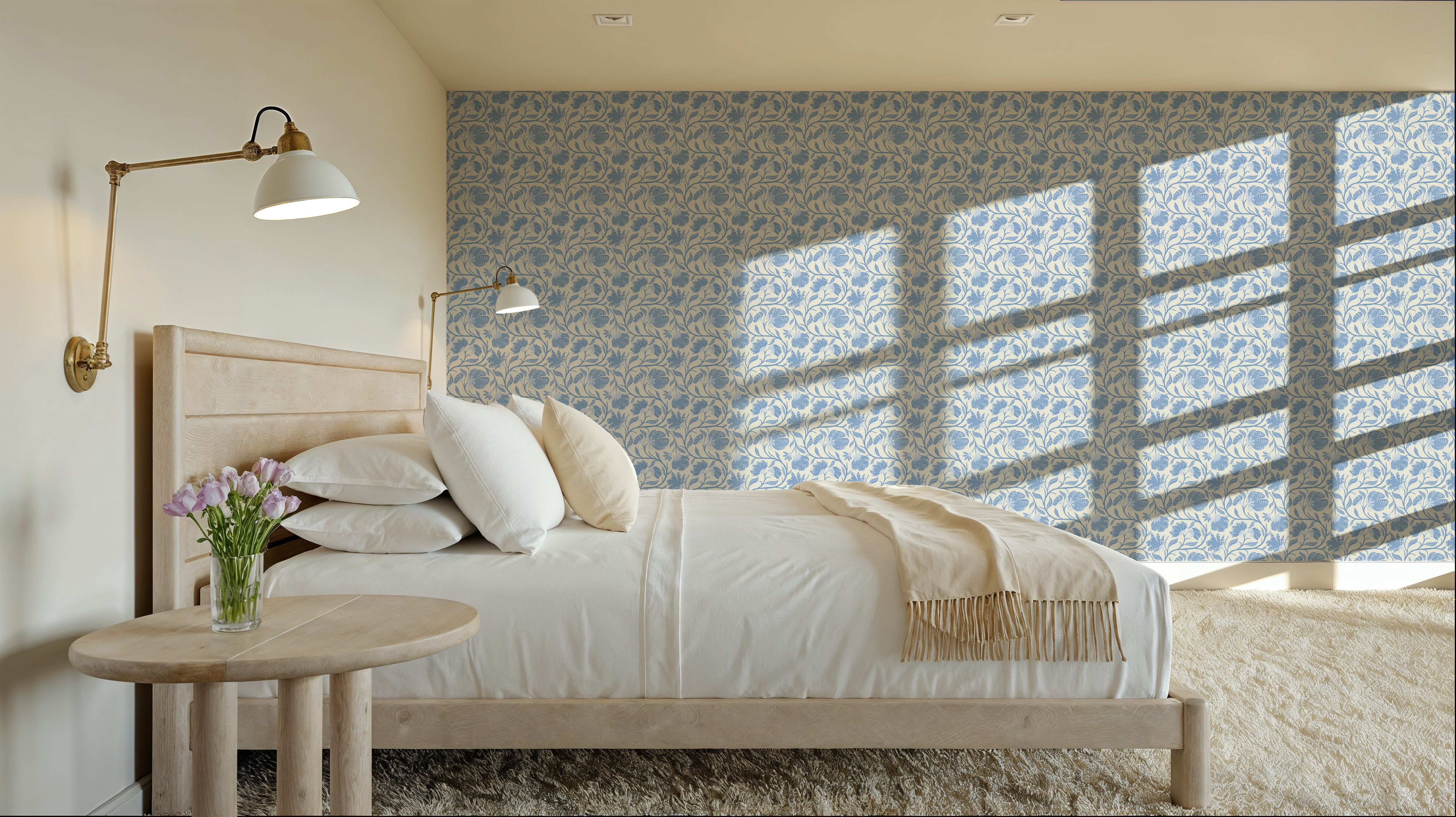 Indial Floral, Baby Blue on Cream