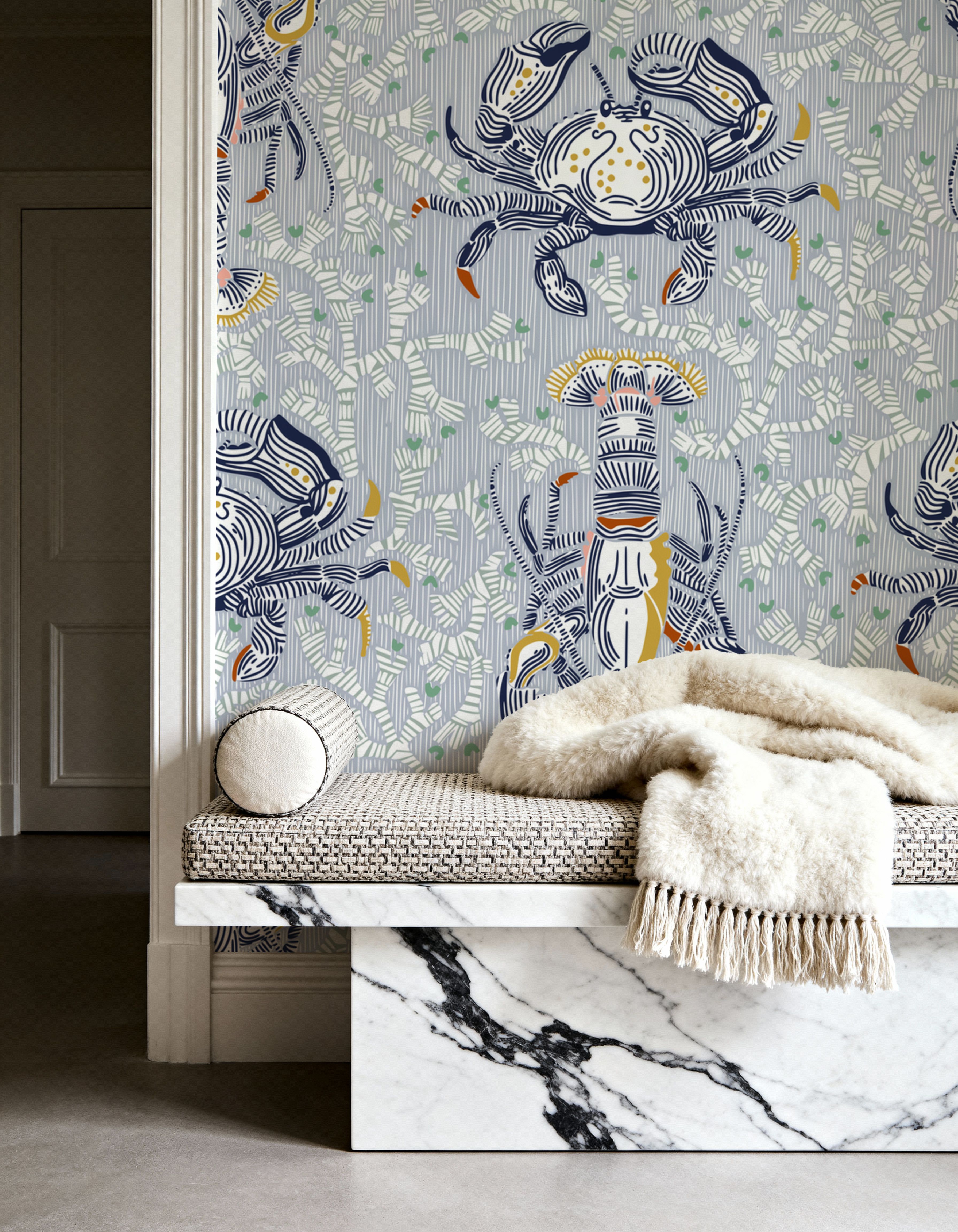 Lobster and Crab Coastal Nostalgia, Grey, Papier peint