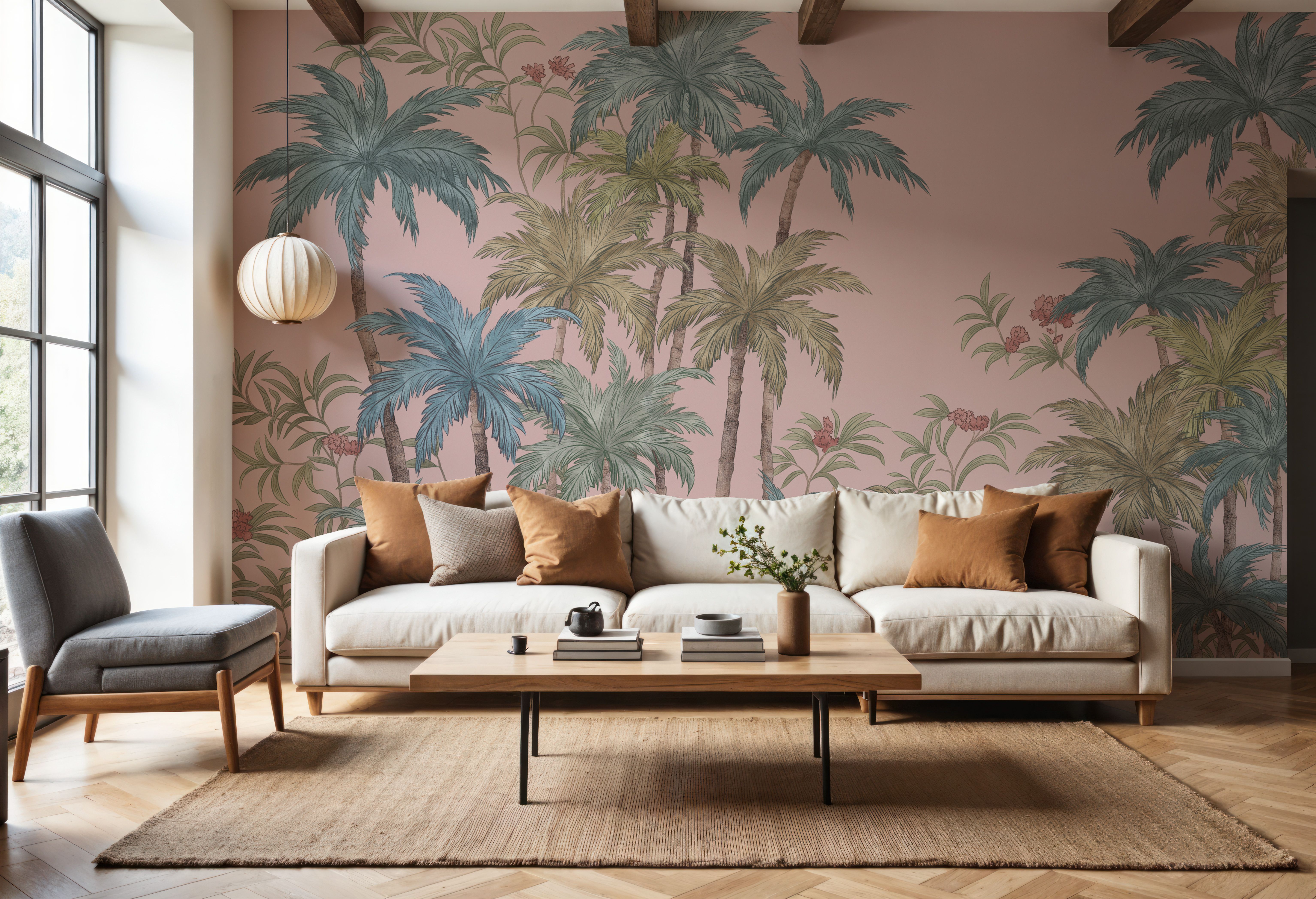 Palm Abode, Peach, Wallpaper