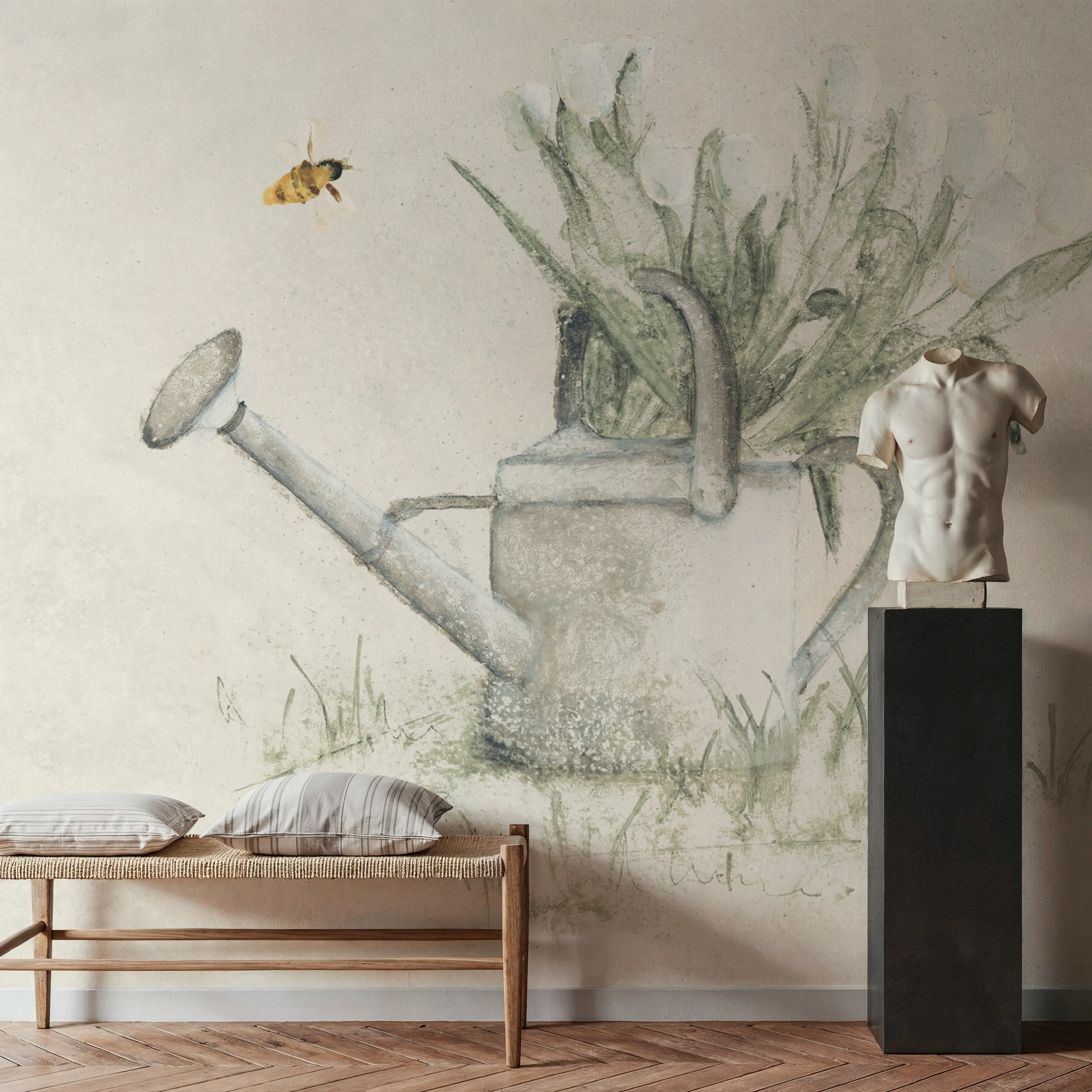 Fotobehang - Garden Watering Can Flourish - Bloemen Dieren Mural - Wit - Slaapkamers - Wallism België - Zelfklevend of Vliesbehang