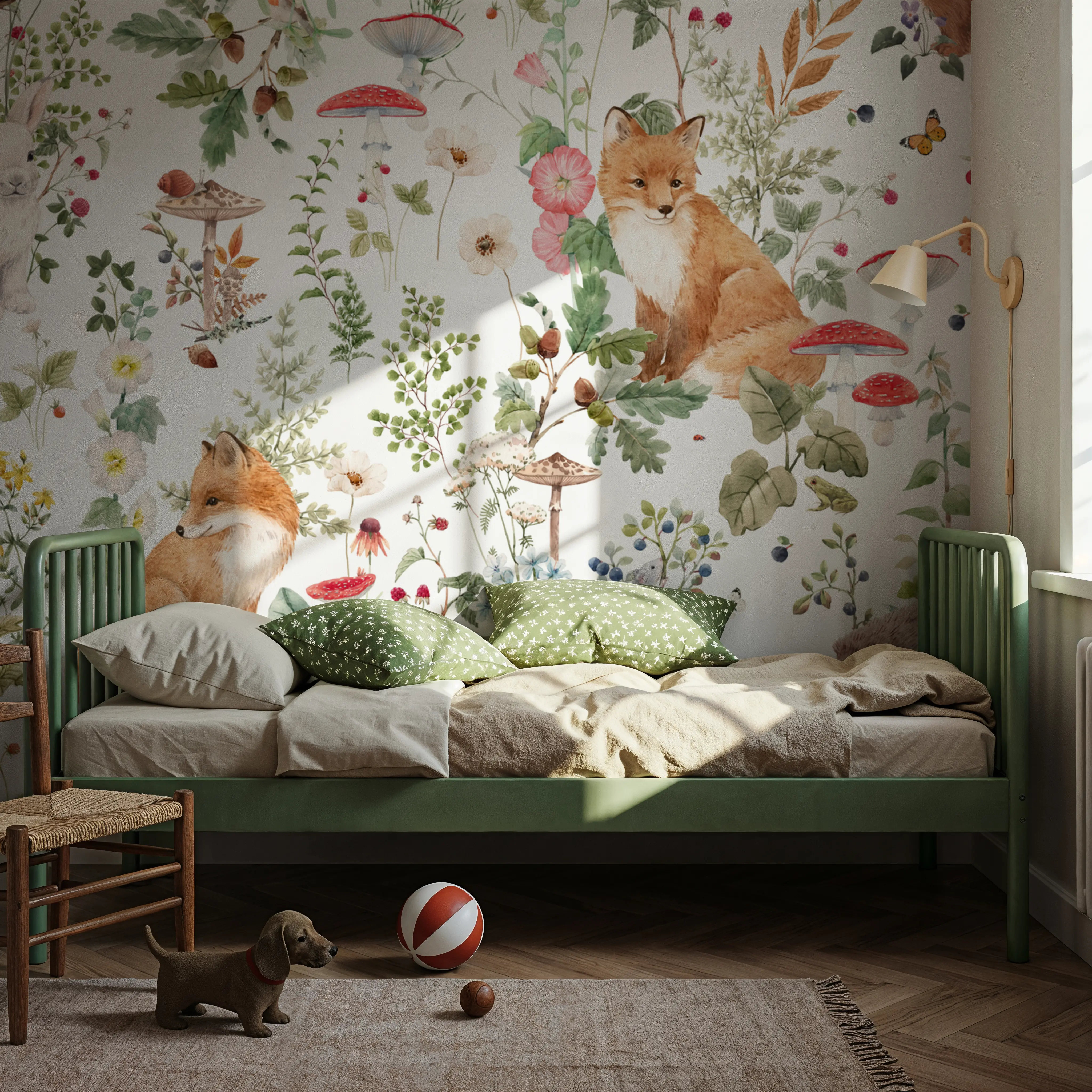 Fotobehang - Baby Animals Nordic Fauna, White - Vogels Natuur Mural - Bruin - Kinderkamer - Wallism België - Zelfklevend of Vliesbehang