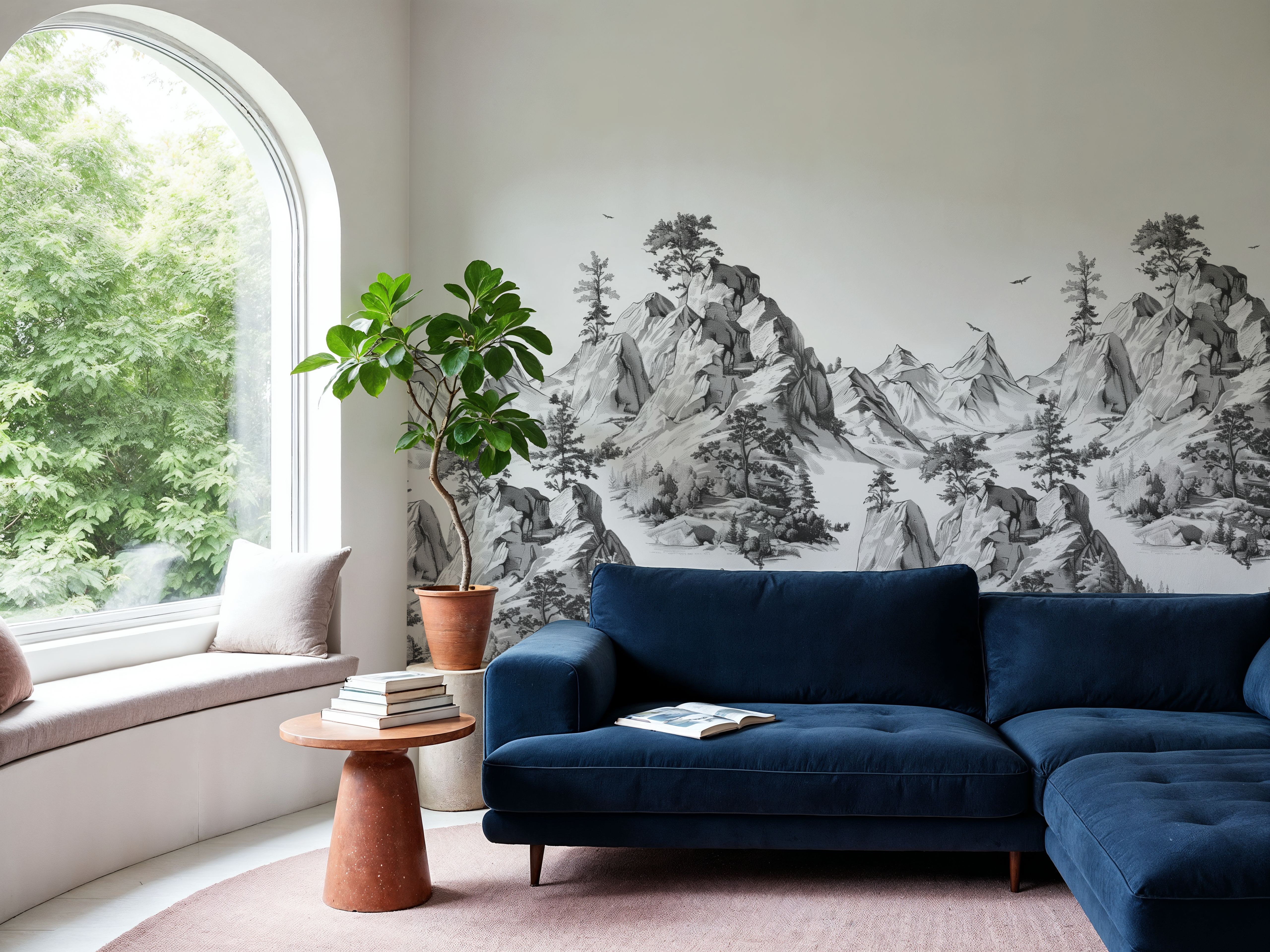 Wall Mural - Toile Hills, Black & White - Mountains Landscapes mural wallpaper - Hallway staircases - Wallism US - Premium, Textured or Peel & Stick