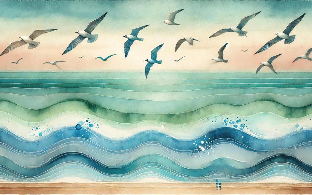 Seagulls Soar Above Waves in Art Deco