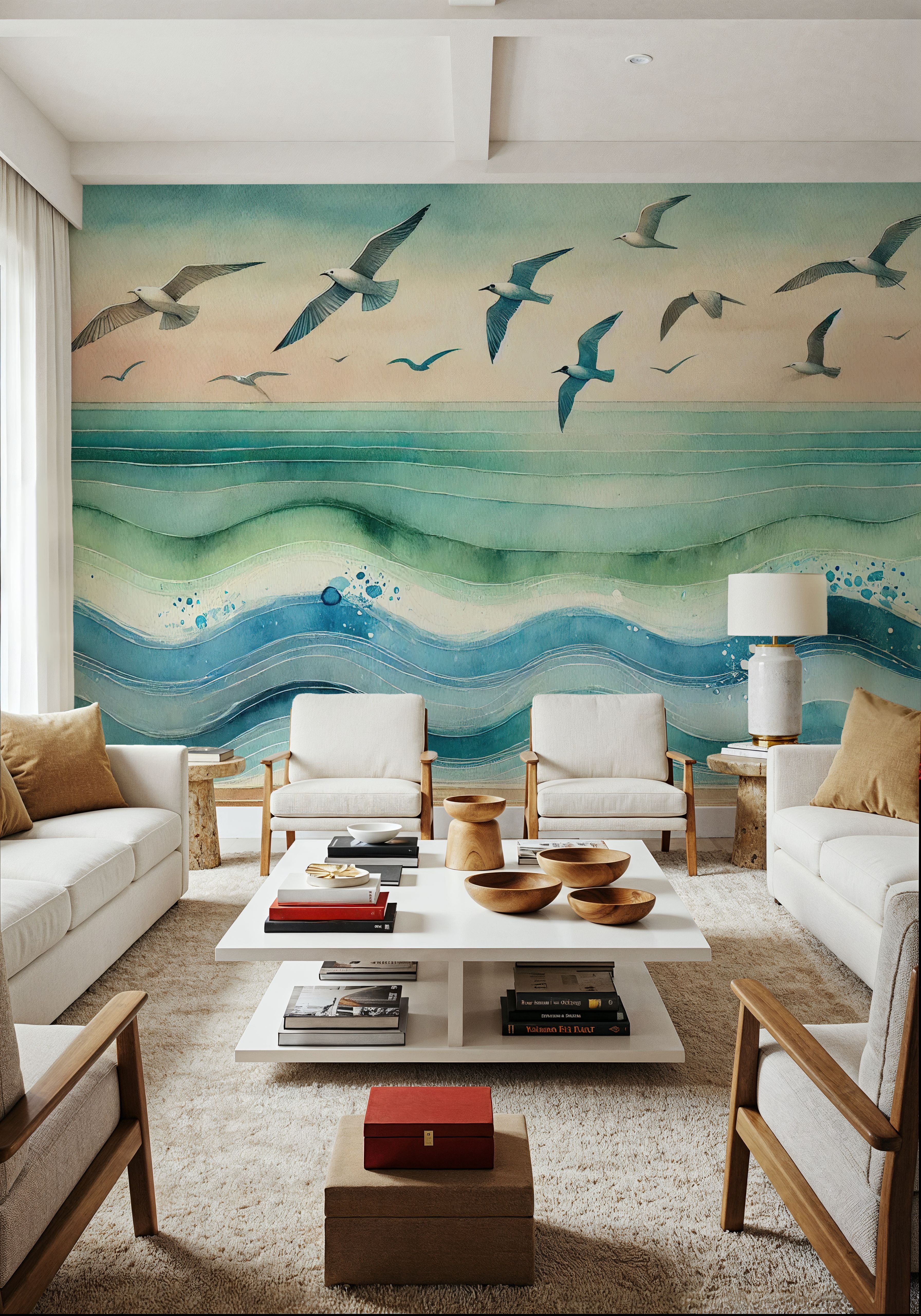 Seagulls Soar Above Waves in Art Deco