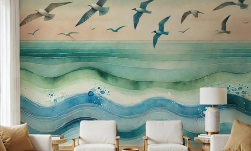 Seagulls Soar Above Waves in Art Deco