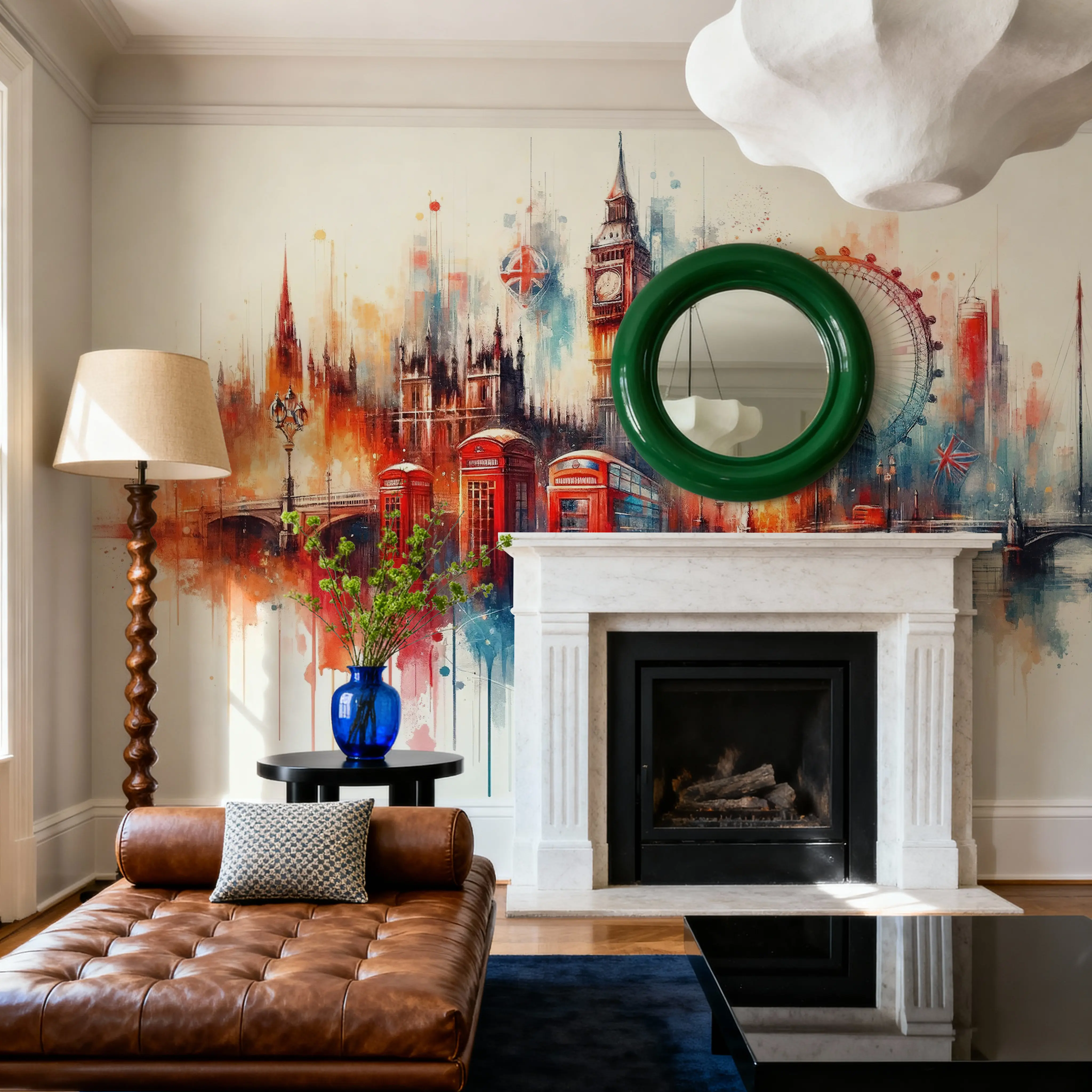Fotobehang - Watercolor London Skyline - Hedendaagse Kunst Monumenten Mural - Rood - Kantoorruimtes - Wallism België - Zelfklevend of Vliesbehang
