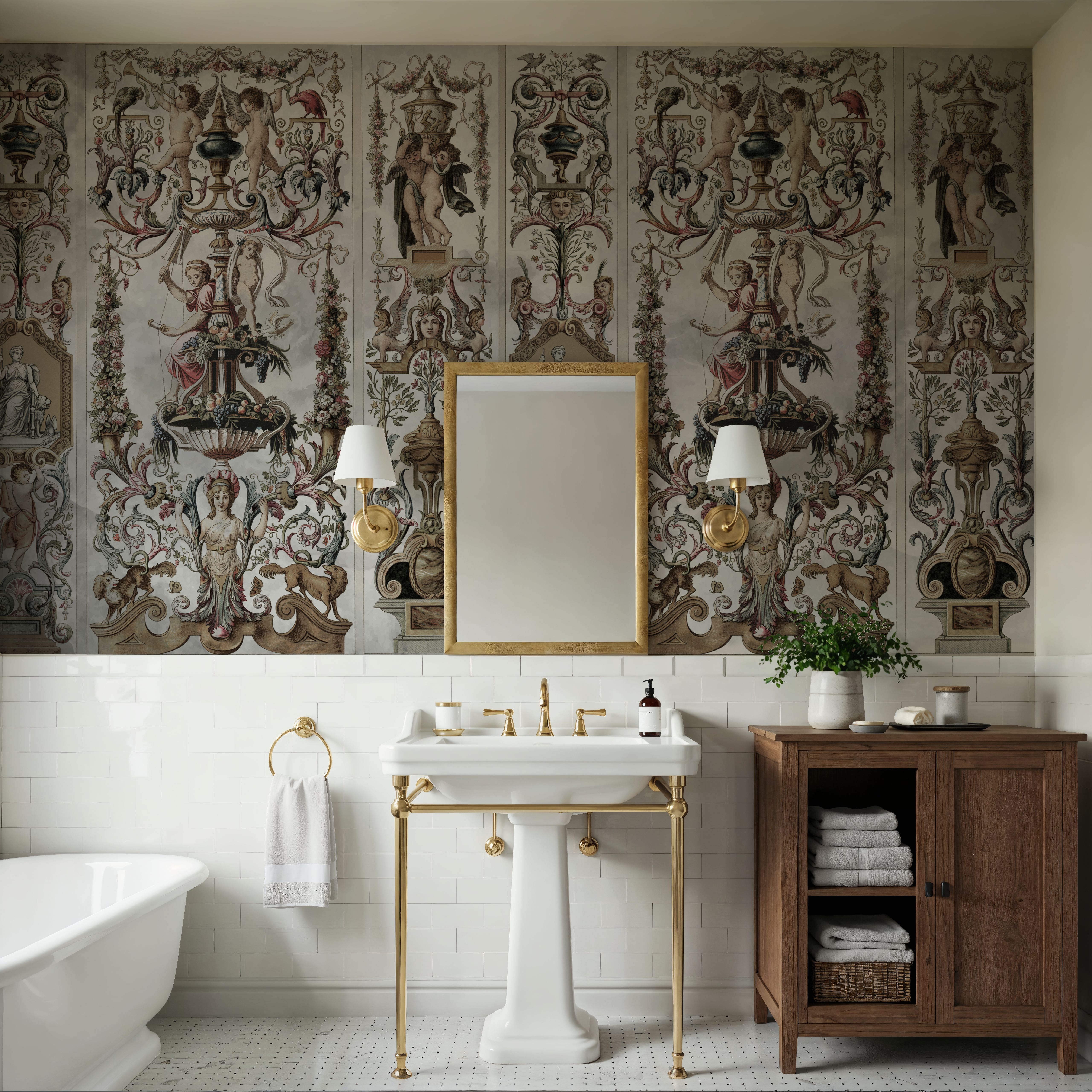 Wall Mural - Baroque Panel - Folk 3D mural wallpaper - White - Hallway staircases - Wallism UK - Premium, Textured or Peel & Stick