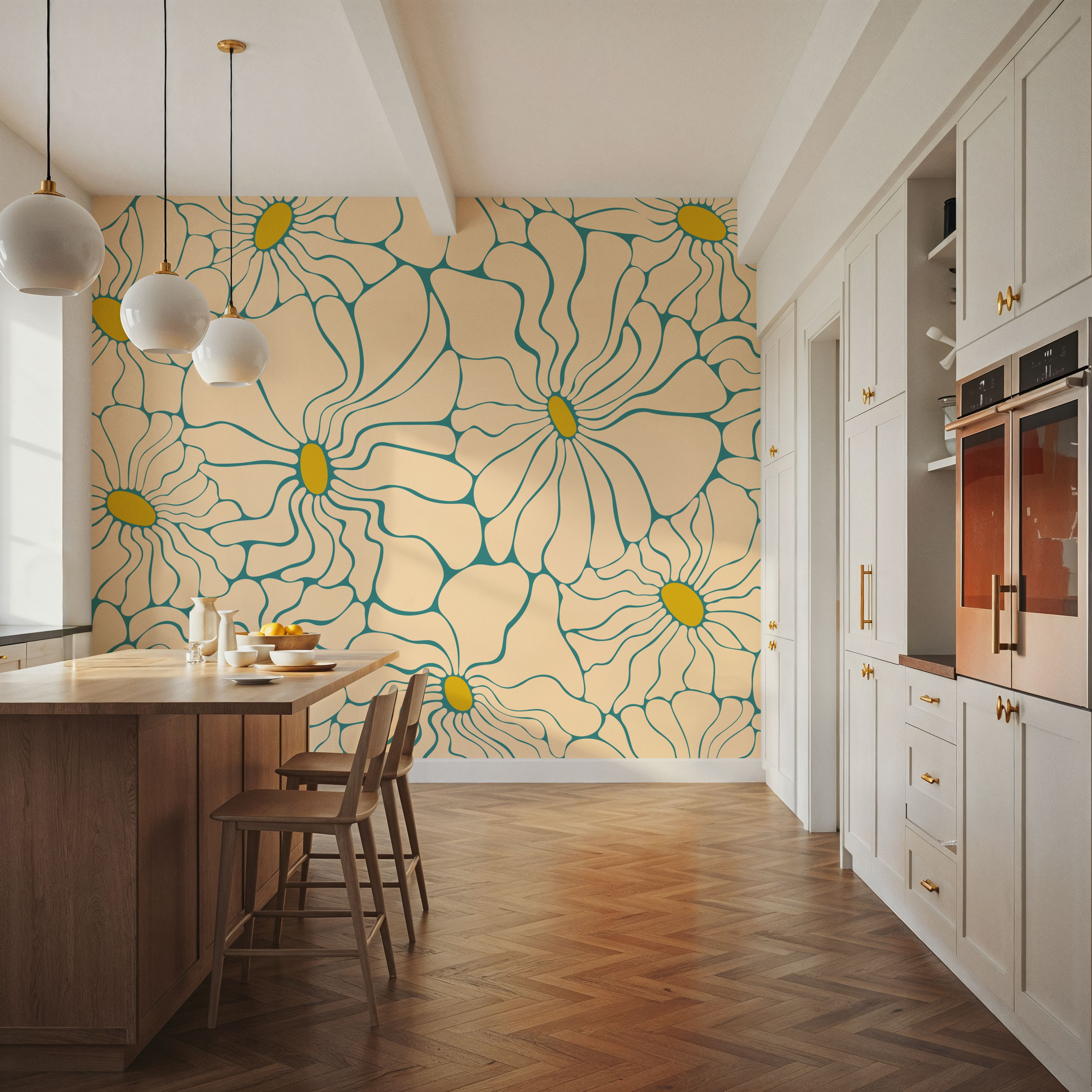 Cool Fluid Flowers Mural, Cream