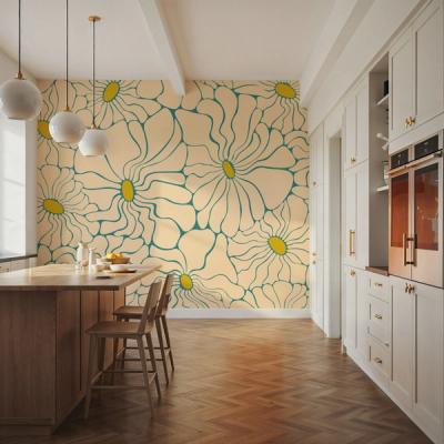 Cool Fluid Flowers Mural, Cream