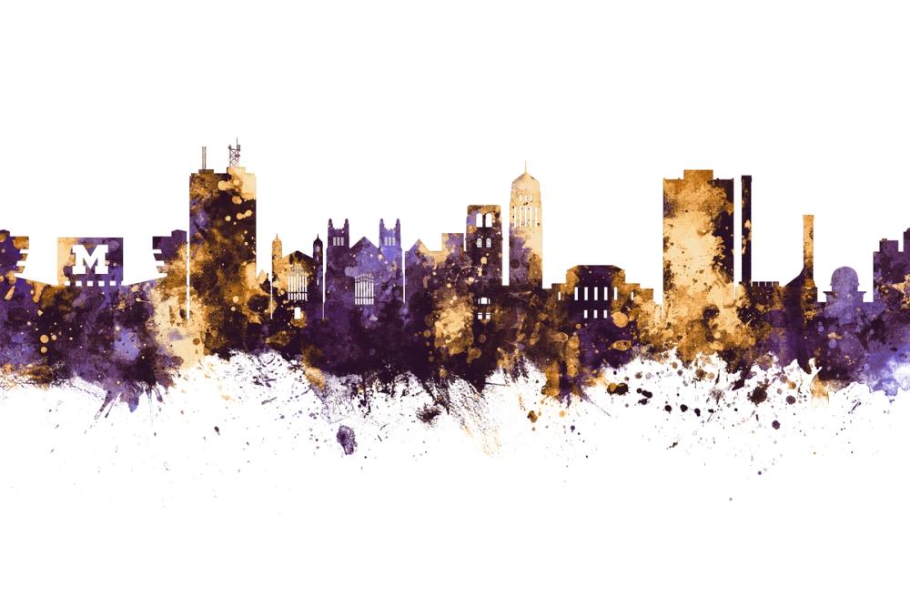Ann Arbor Michigan Skyline Purple & Gold