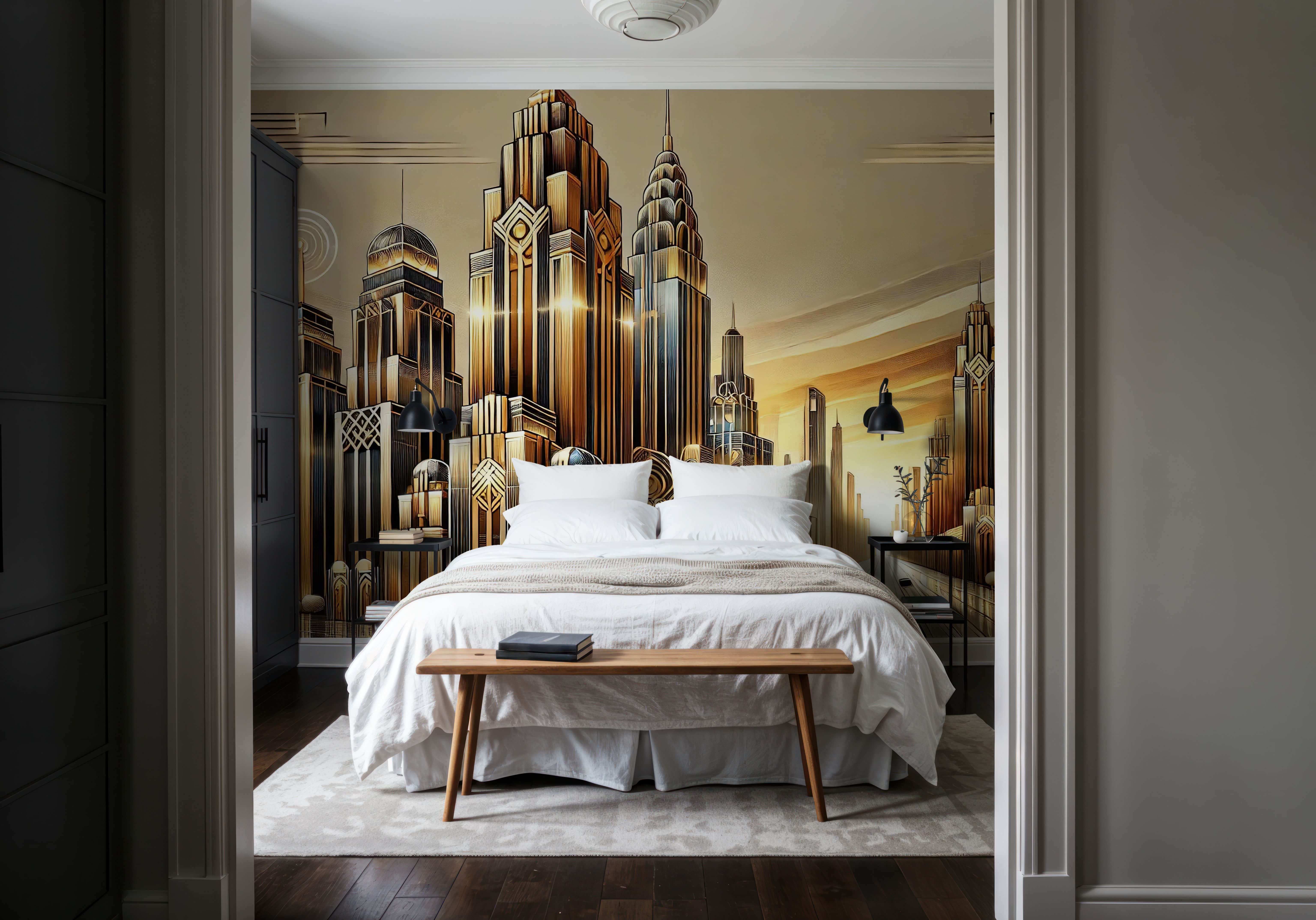 Golden City Skyline at Sunset in Art Deco