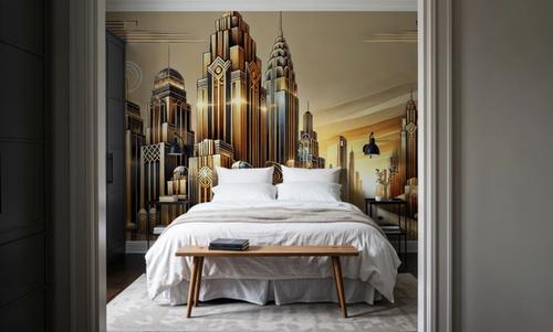 Golden City Skyline at Sunset in Art Deco
