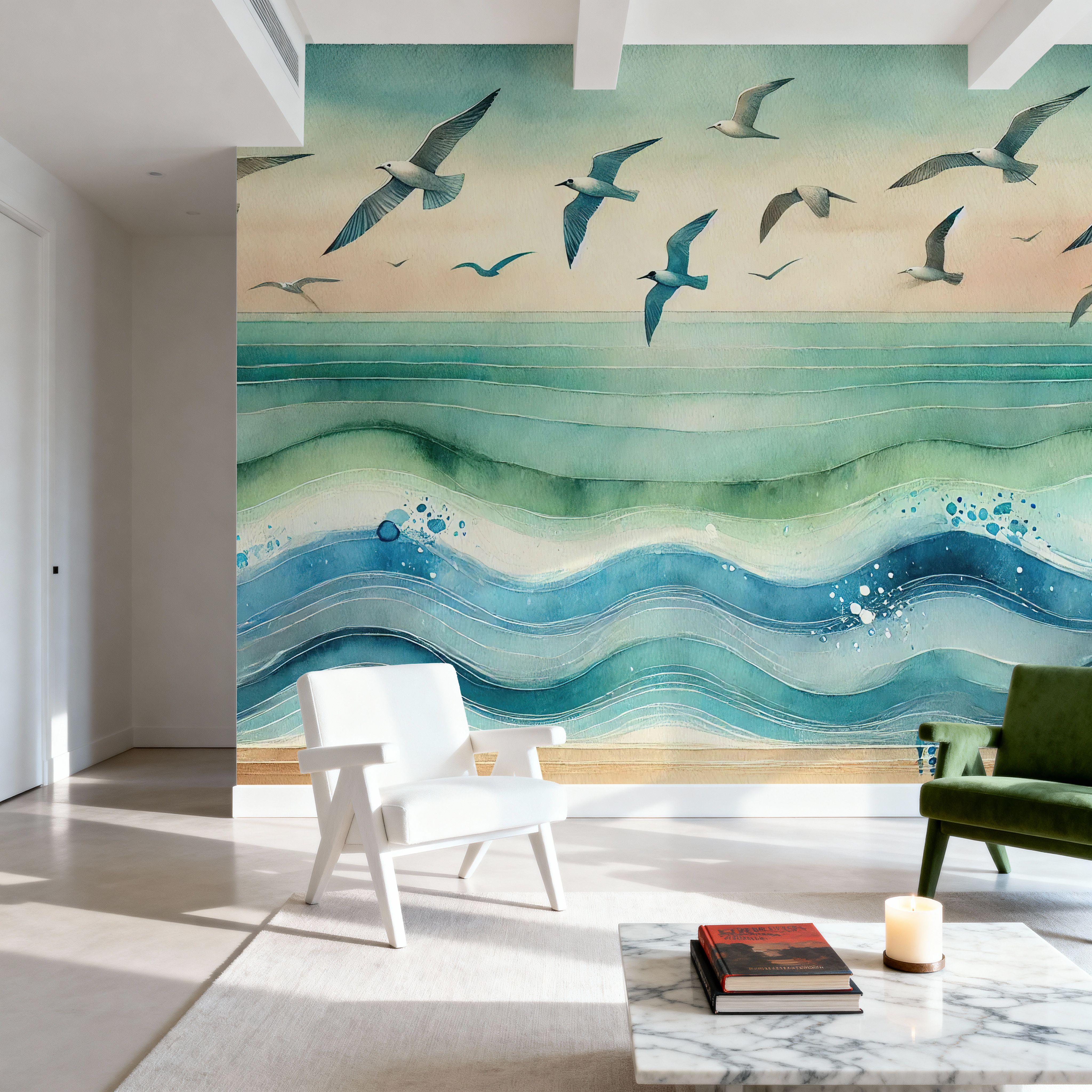 Seagulls Soar Above Waves in Art Deco