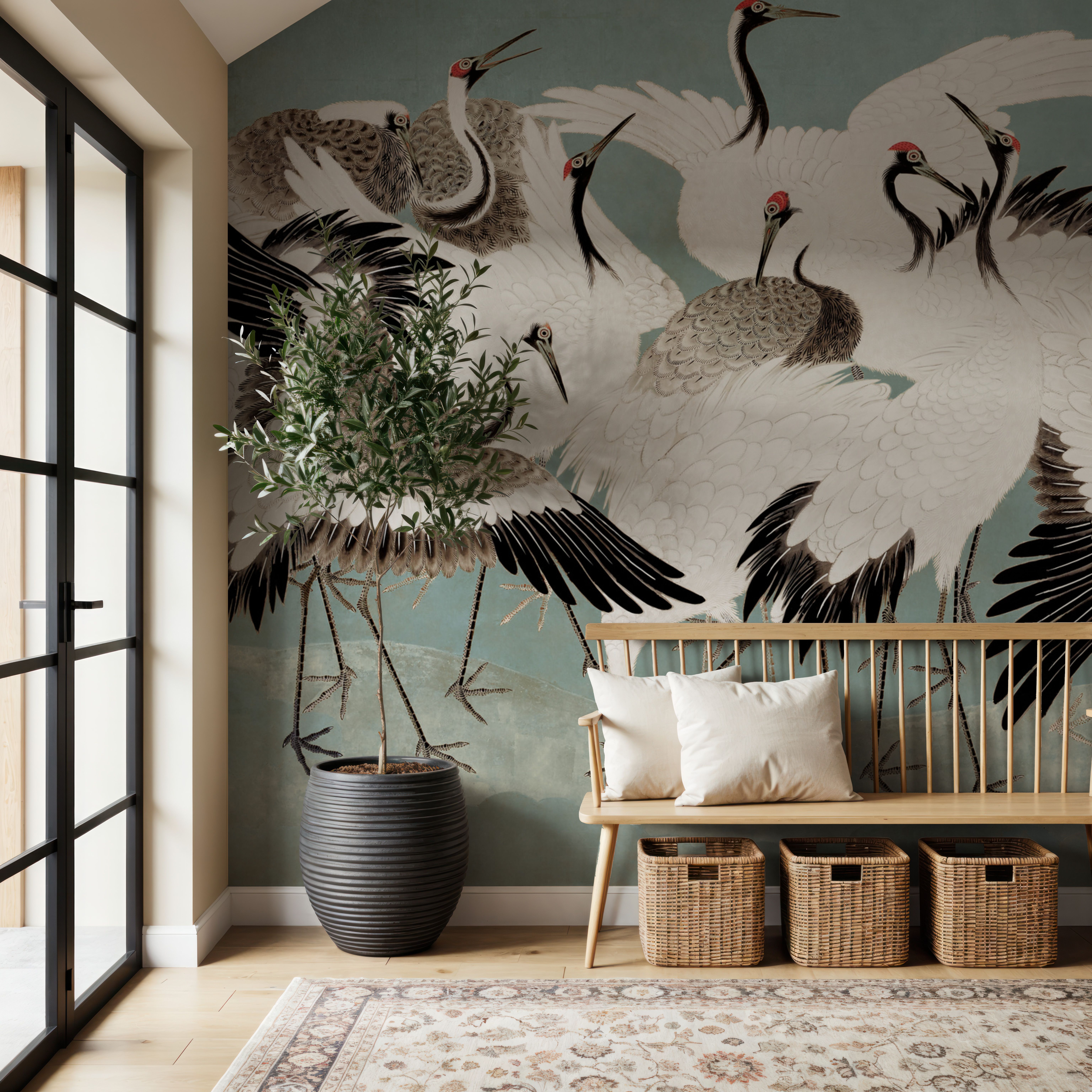 Japanese Flock of Cranes, Calm Ocean