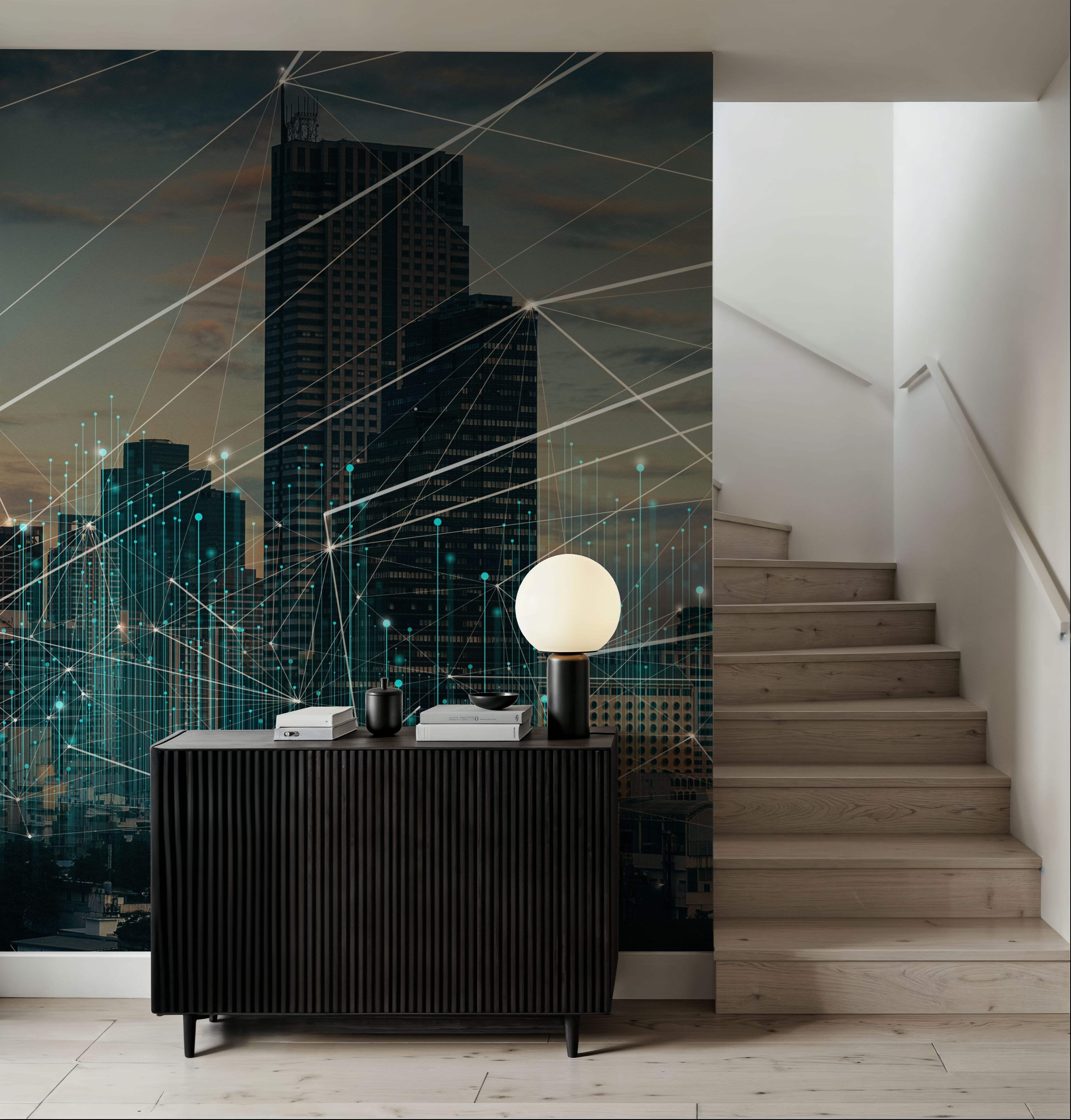 Wall Mural - Connected Cityscape - Big Cities mural wallpaper - Hallway staircases - Wallism US - Premium, Textured or Peel & Stick