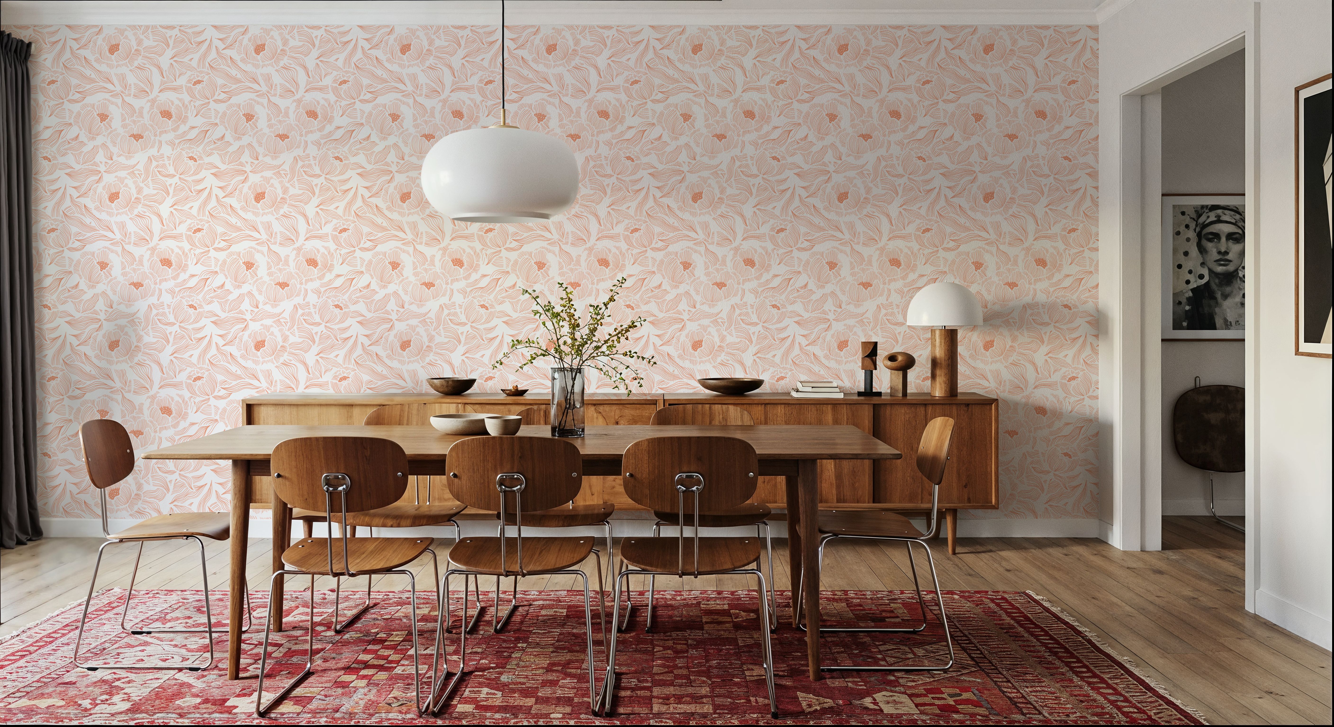 Hidden Peonies, Orange on White