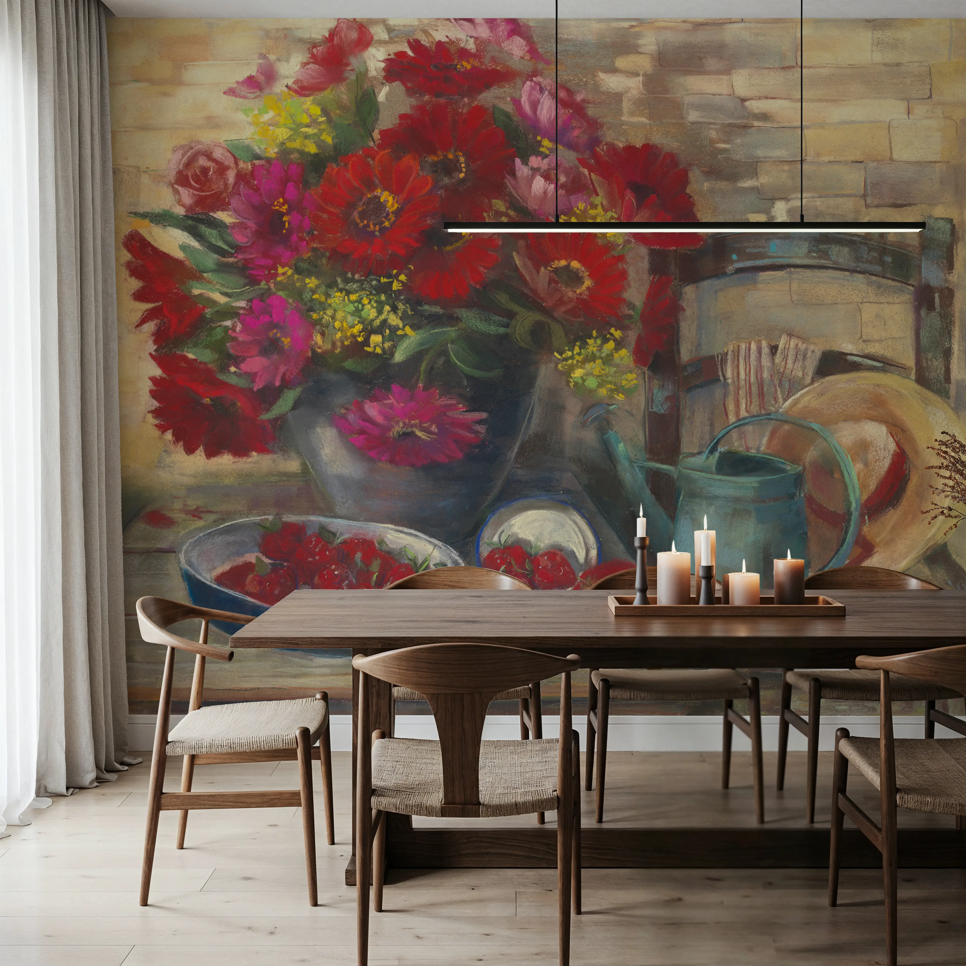 Papier Peint Panoramique - Strawberries and Zinnias - Briques Loisirs - Rouge - Couloir et escaliers - Wallism France