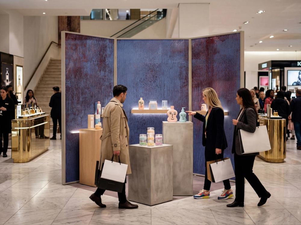 an interior photo of a pop up display for skincare at a department store
