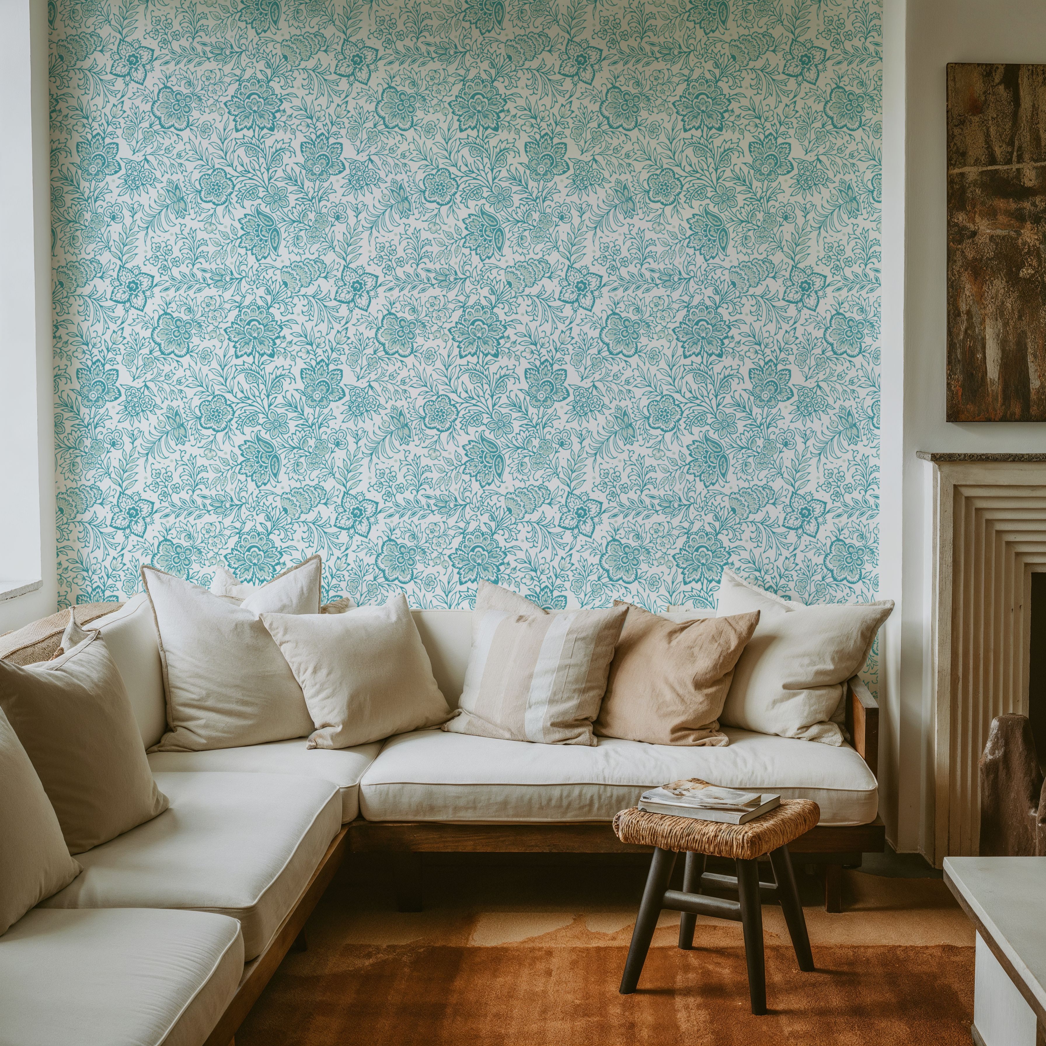 Kala Flowers Turqouise on White, Wallpaper