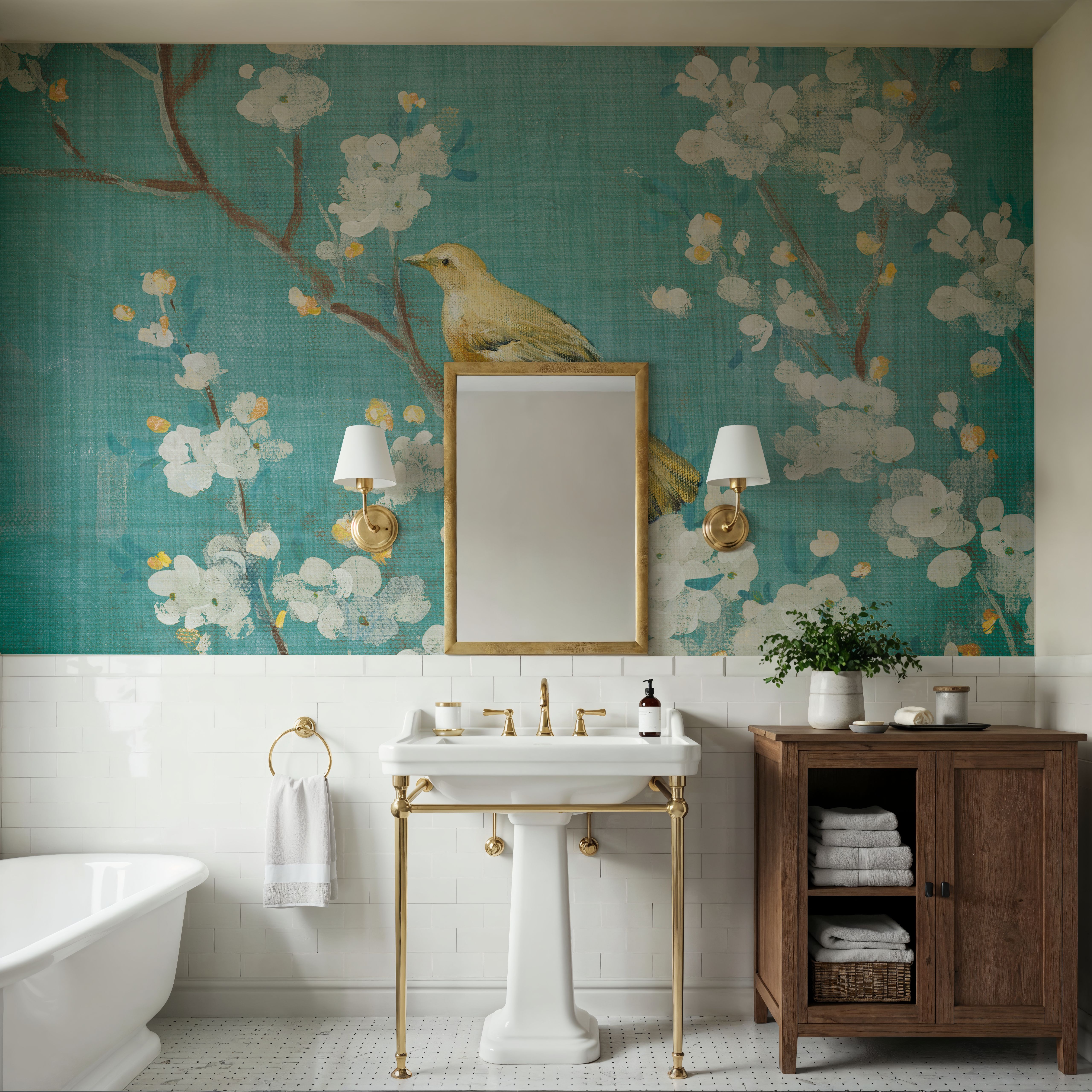 White Cherry Blossoms II on Blue Aged