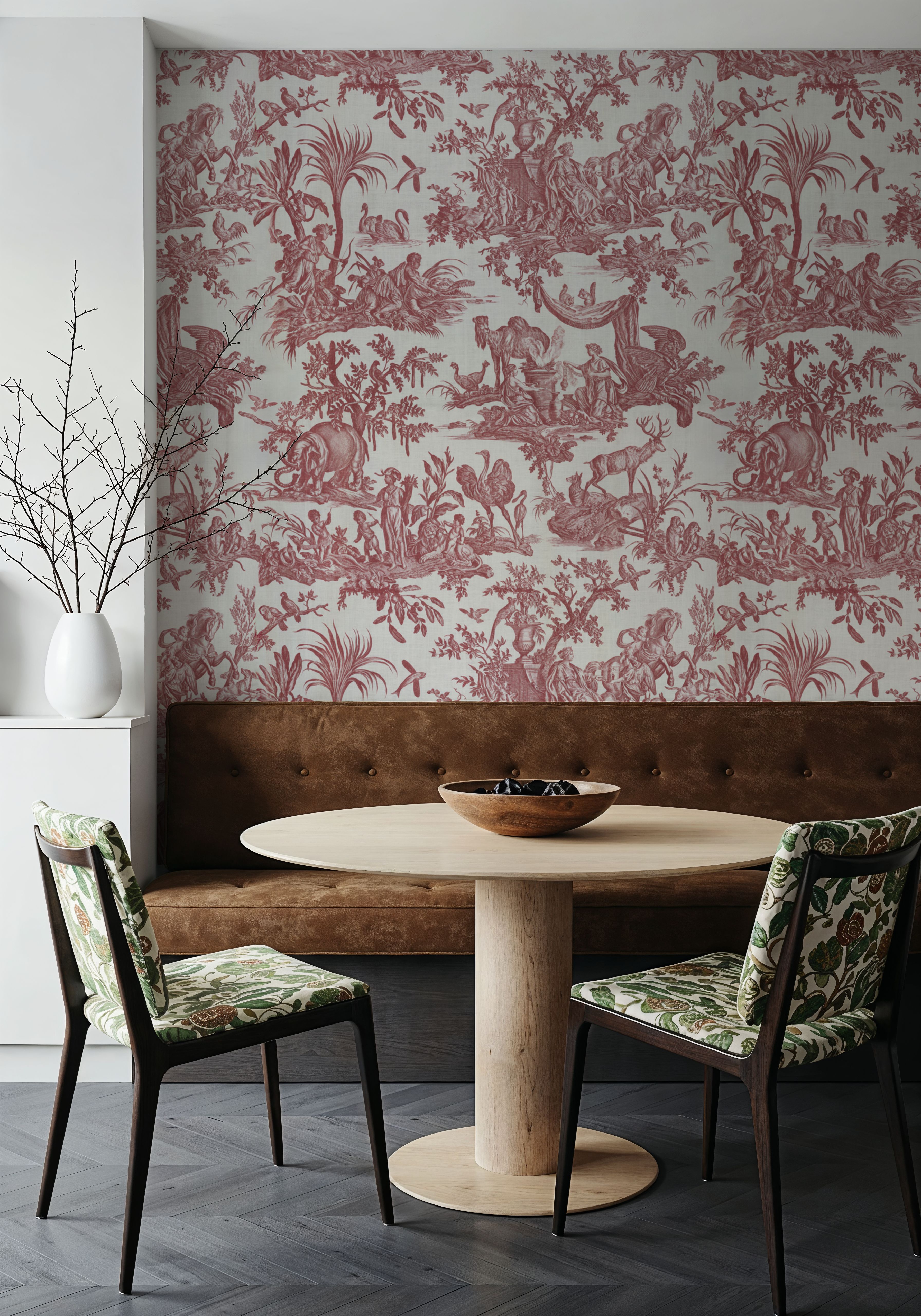 Patinated Linen Toile de Jouy, Brick, Wallpaper