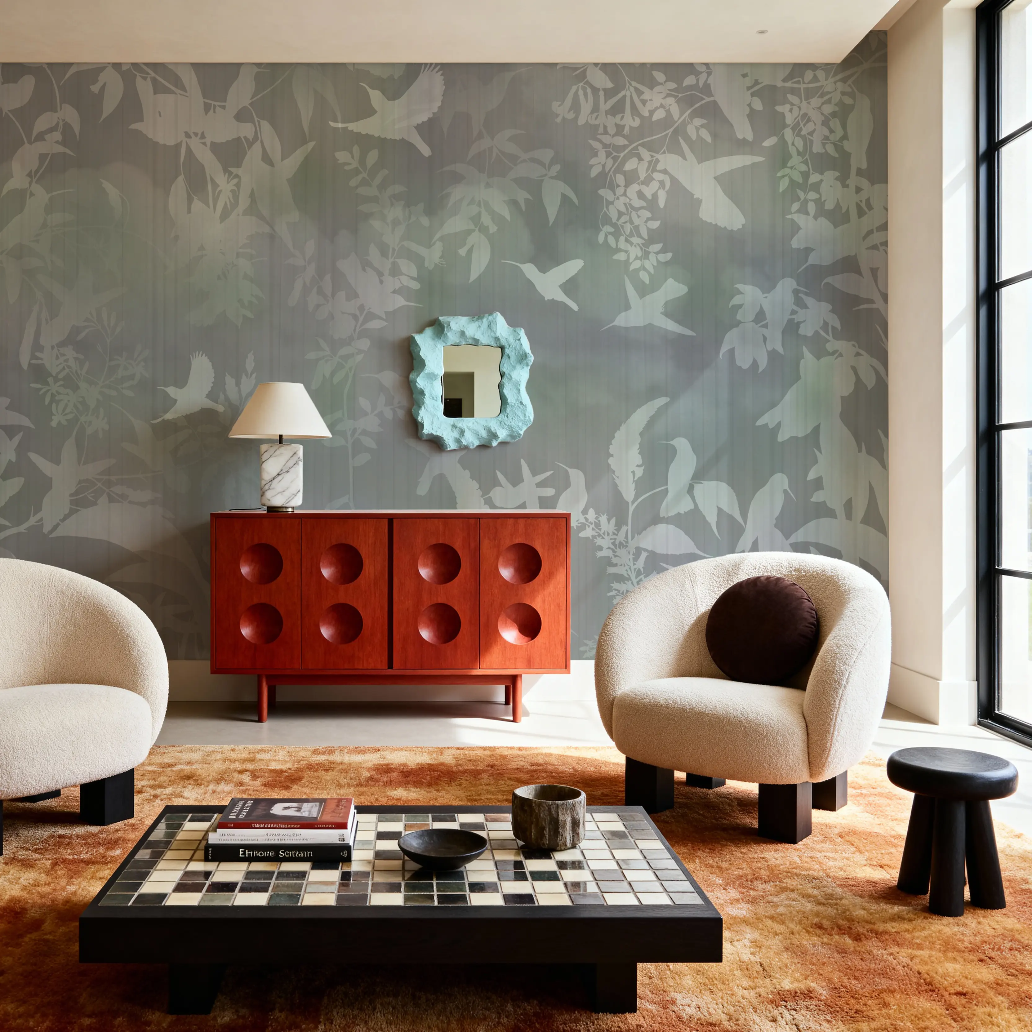 Wall Mural - Birds in the Fog Blue - Abstract Nature mural wallpaper - Gray - Hallway staircases - Wallism UK - Peel & Stick or Paste-the-Wall