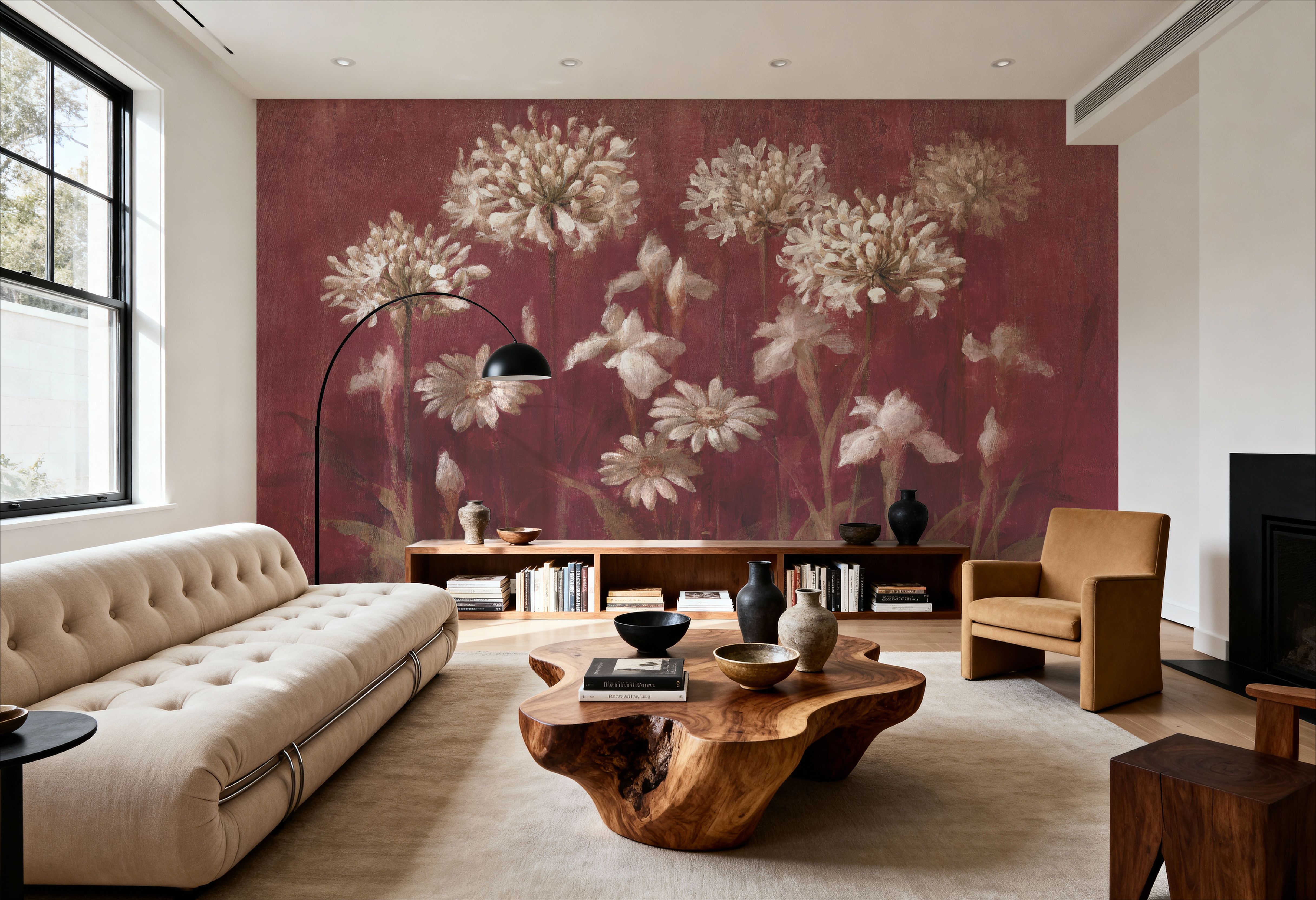 Garden Flowers on Burgundy, Wallpaper