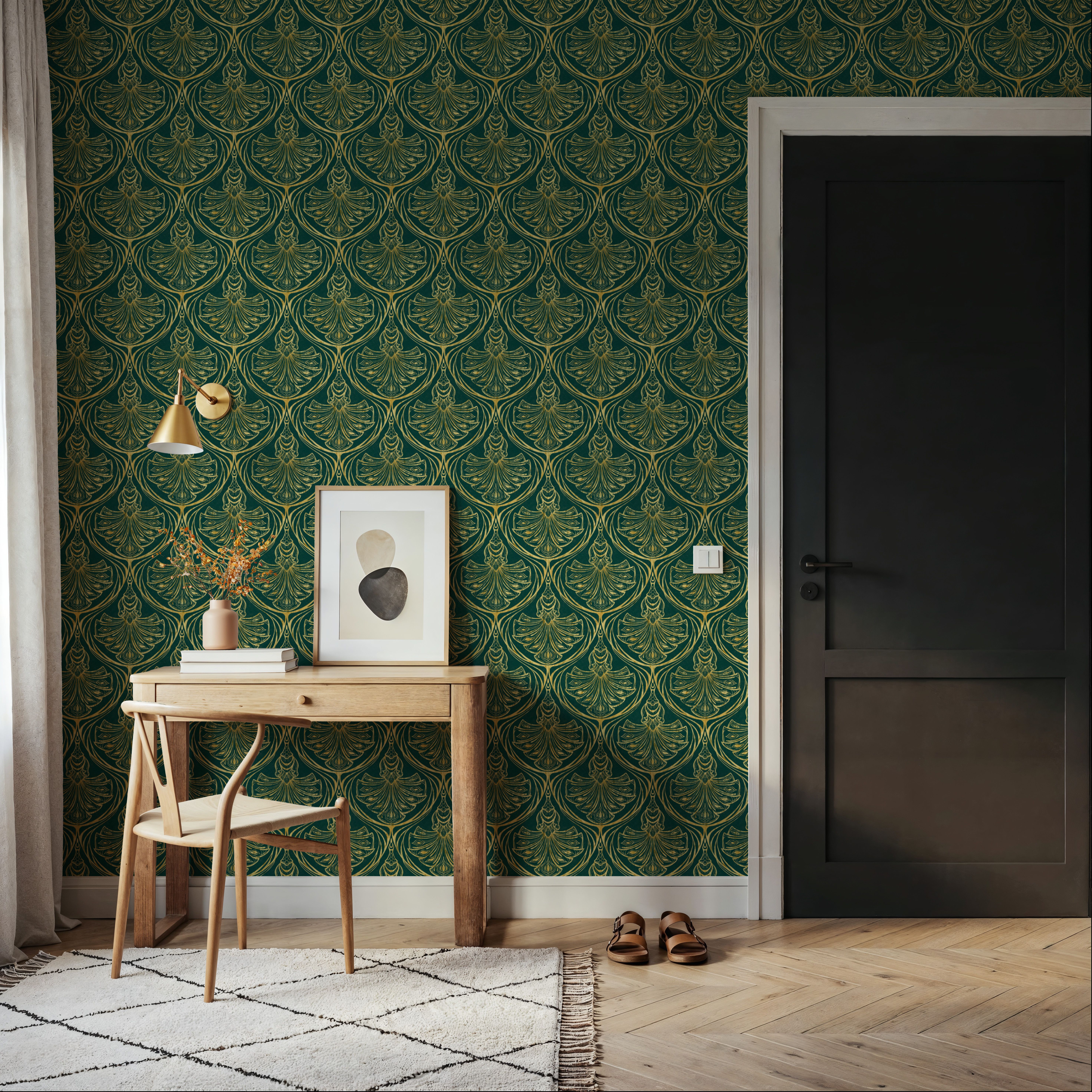 Art Deco Peacock Scallops, Emerald