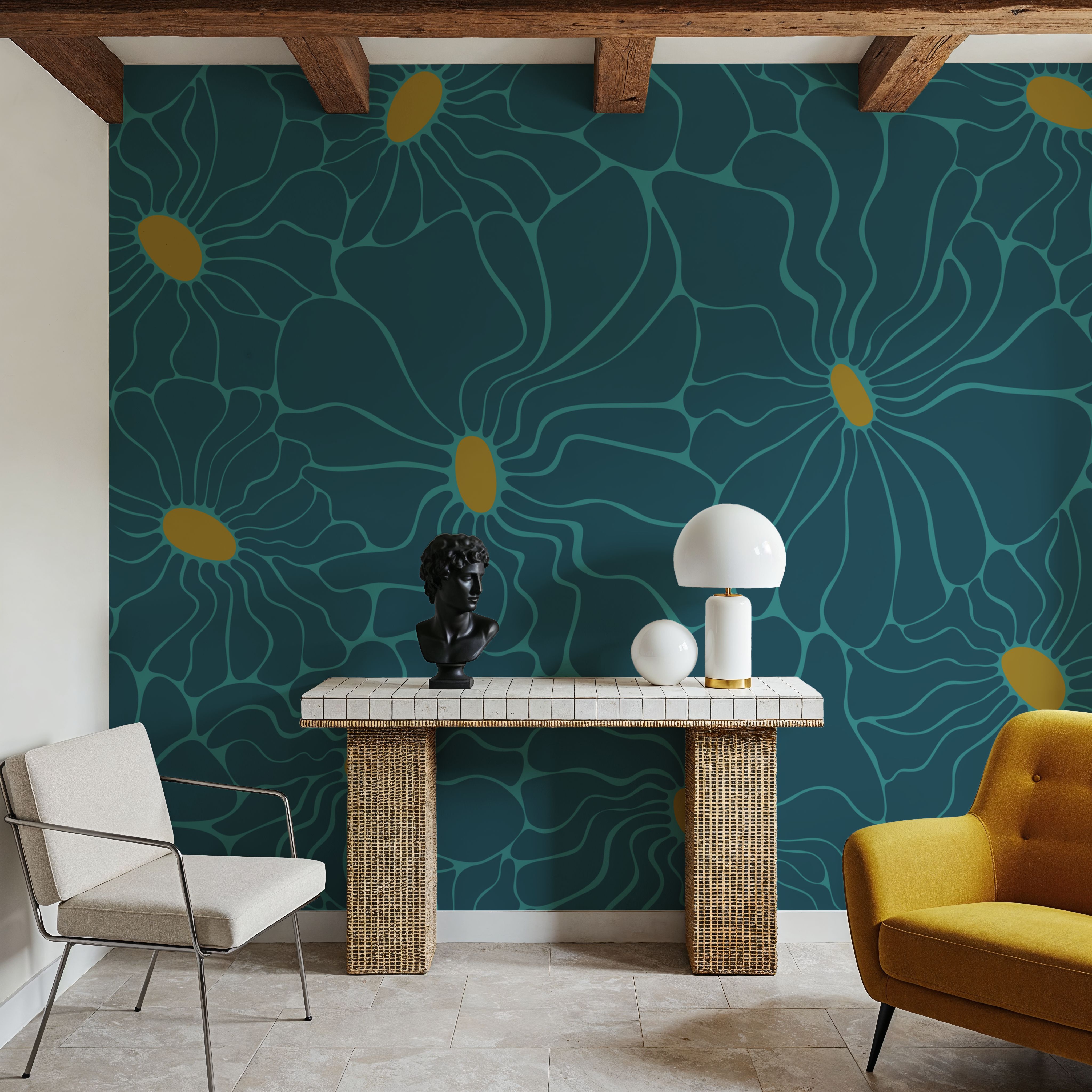 Cool Fluid Flowers Mural, Teal