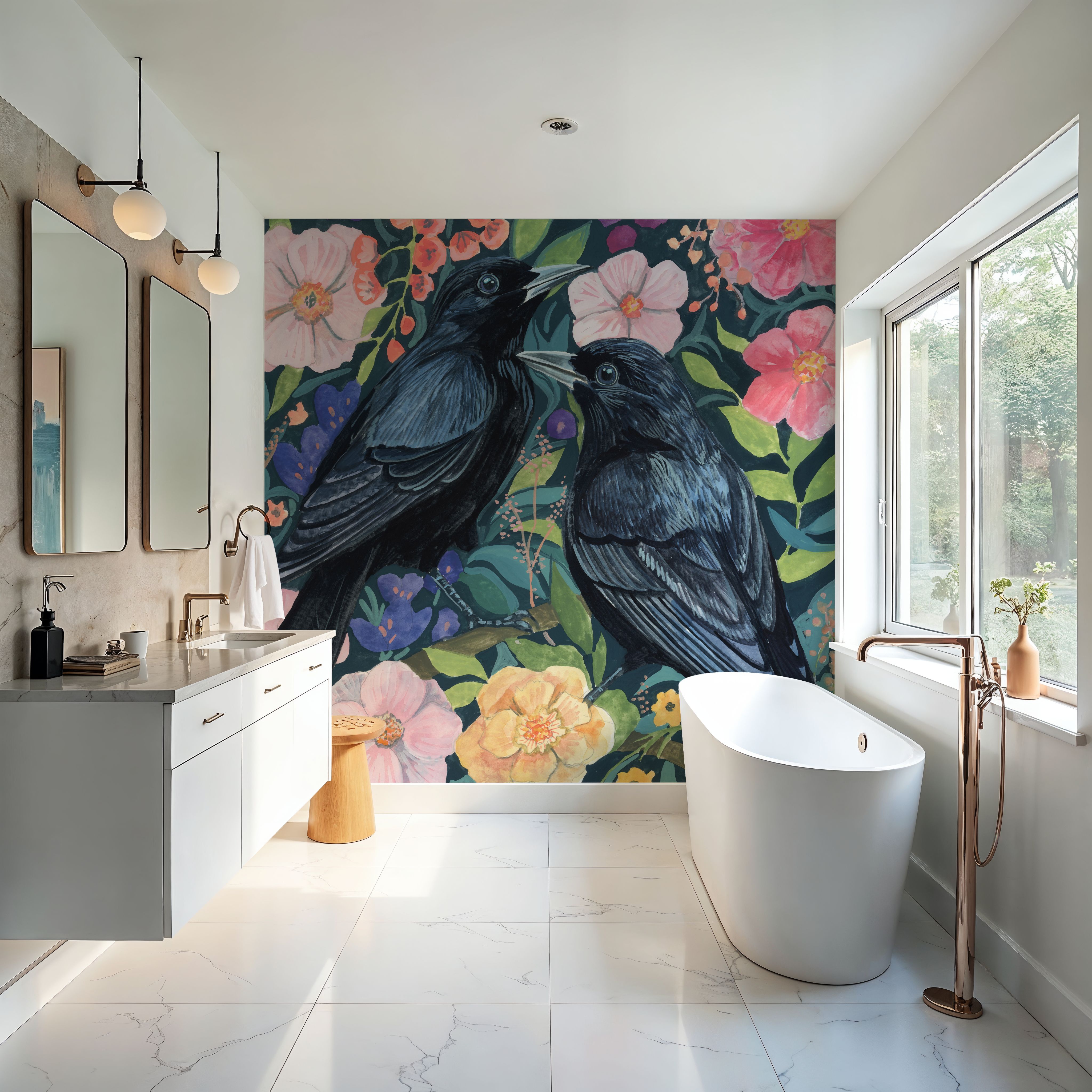 Two Crows on Flowers