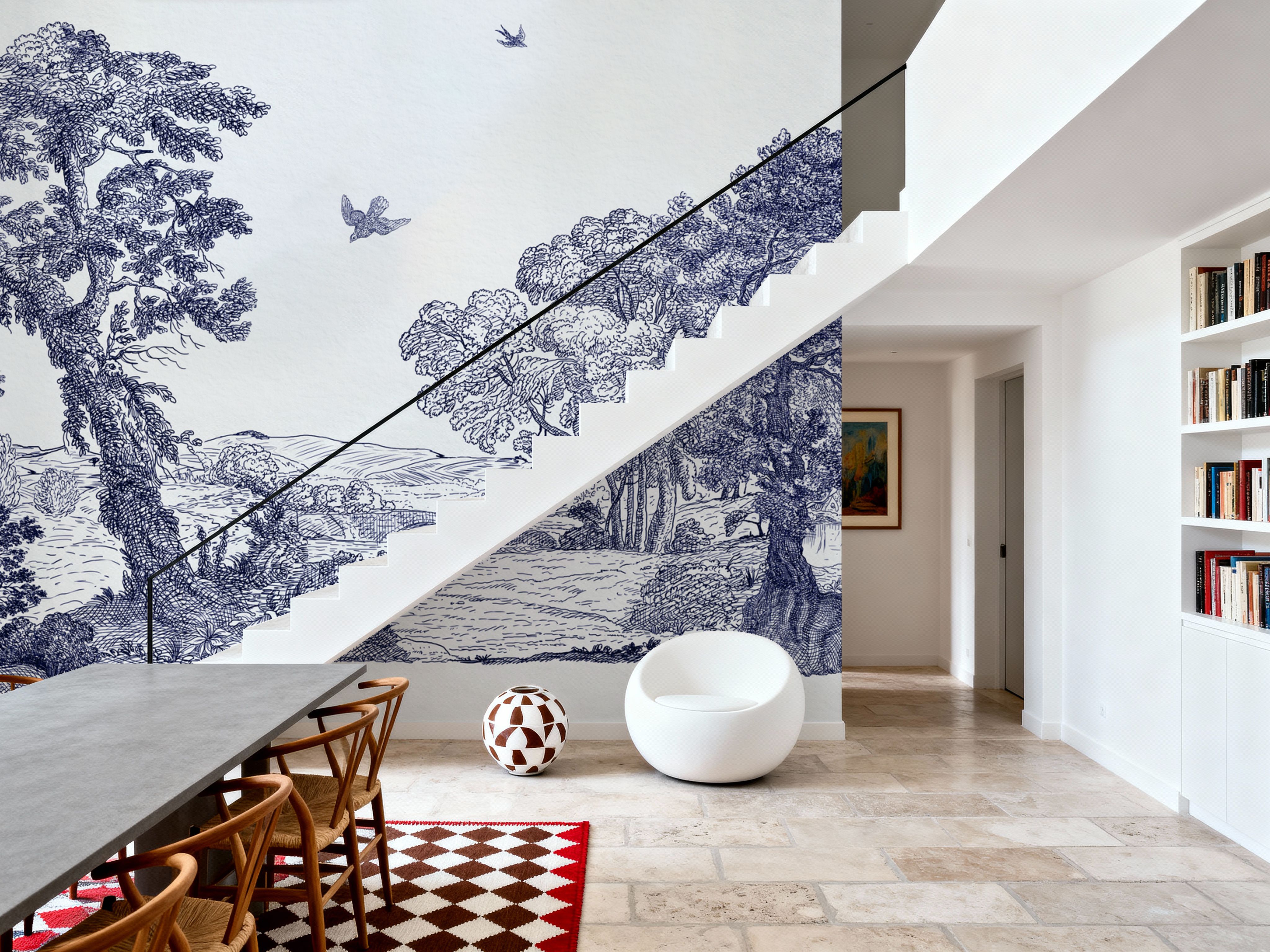 French Landscape, Indigo, Wallpaper