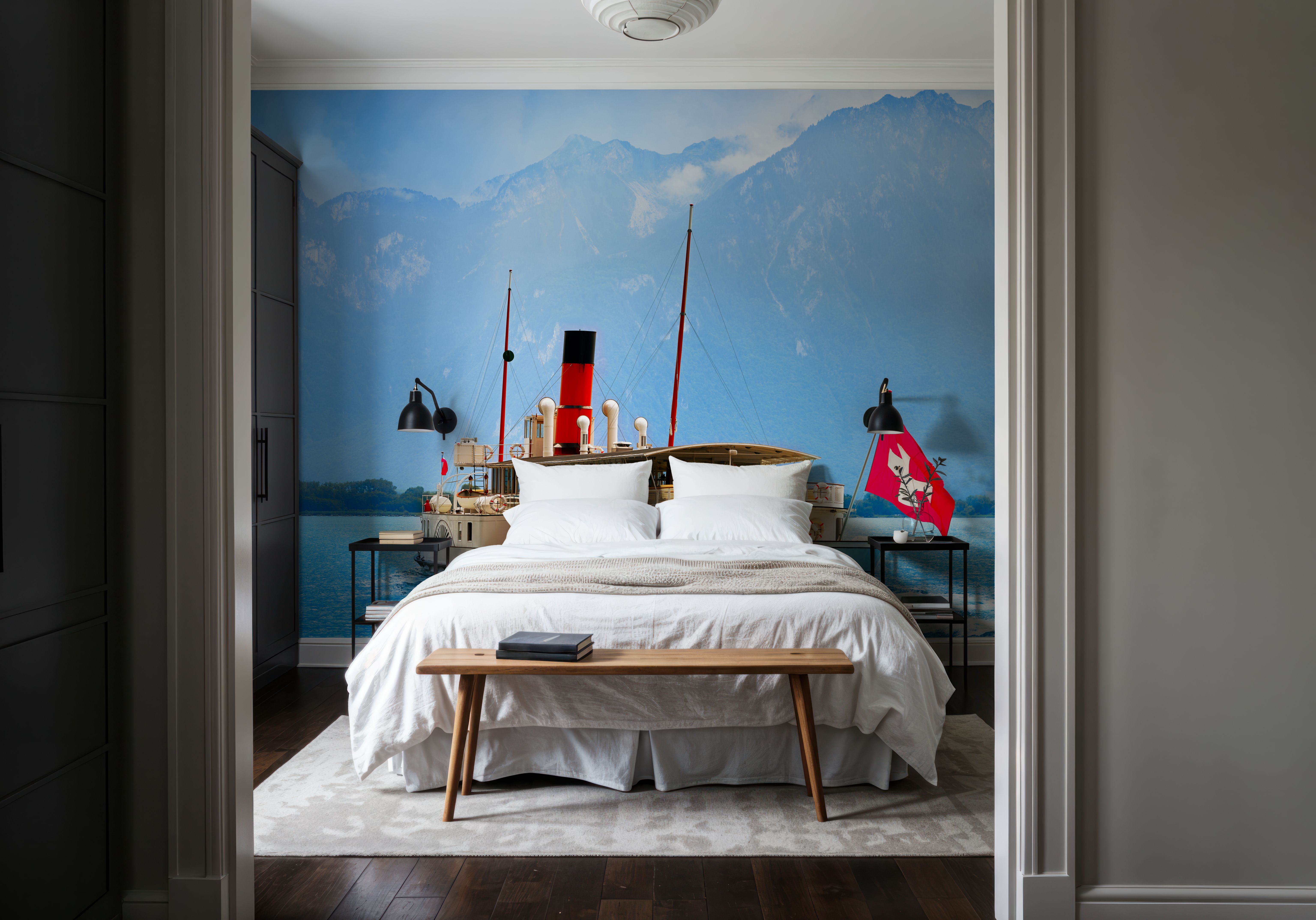 Wall Mural - Lake Geneva Paddle Steamer - Mountains Landscapes mural wallpaper - Offices - Wallism US - Premium, Textured or Peel & Stick