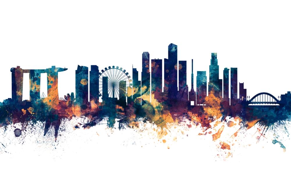 Singapore Skyline Blue & Bronze