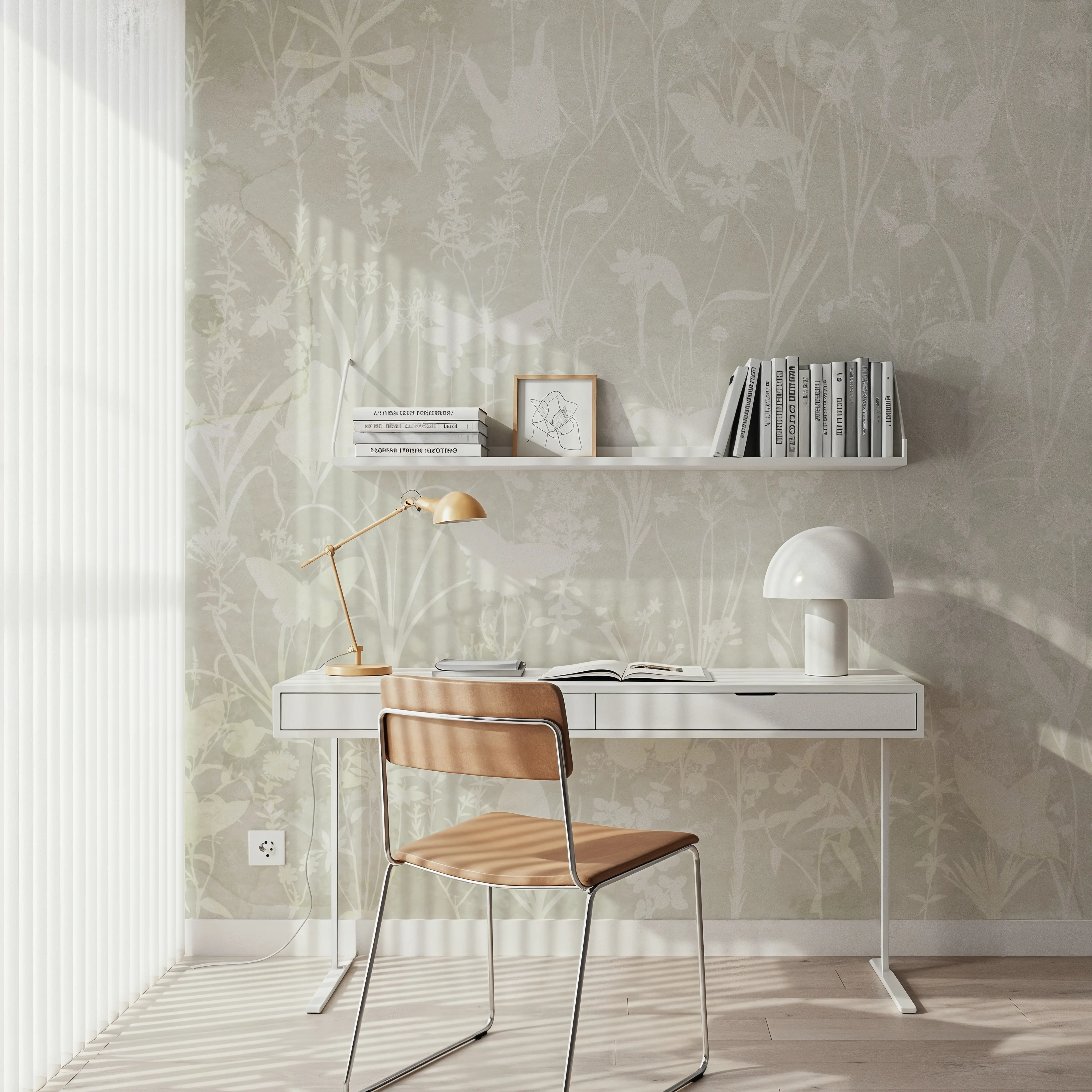 Wall Mural - Herbals and Butterflies Double Silhouette Light Green - Floral Nature mural wallpaper - White - Hallway staircases - Wallism UK