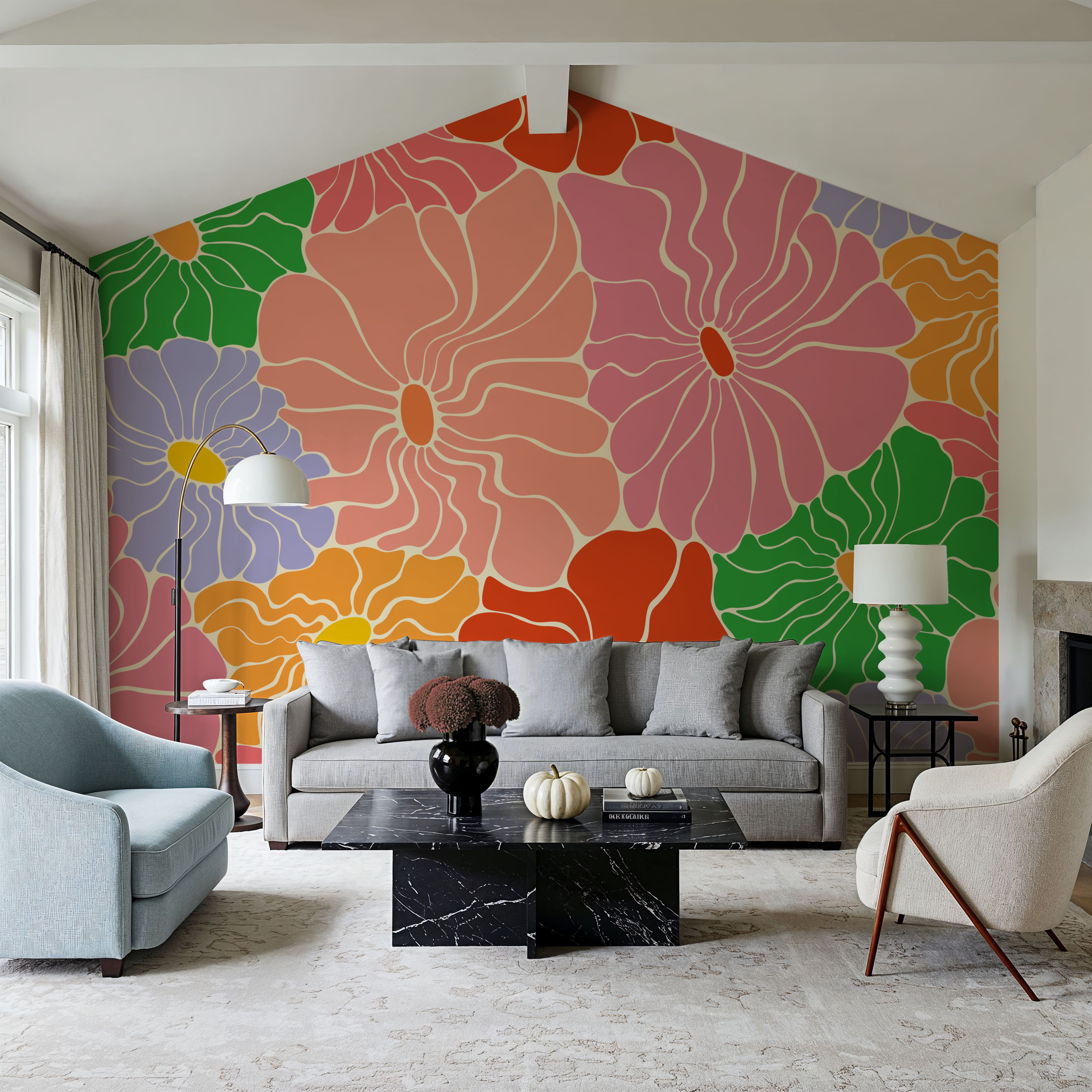 Cool Fluid Flowers Mural, Bright Multi