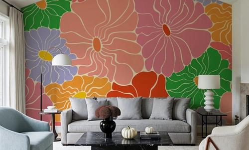 Cool Fluid Flowers Mural, Bright Multi